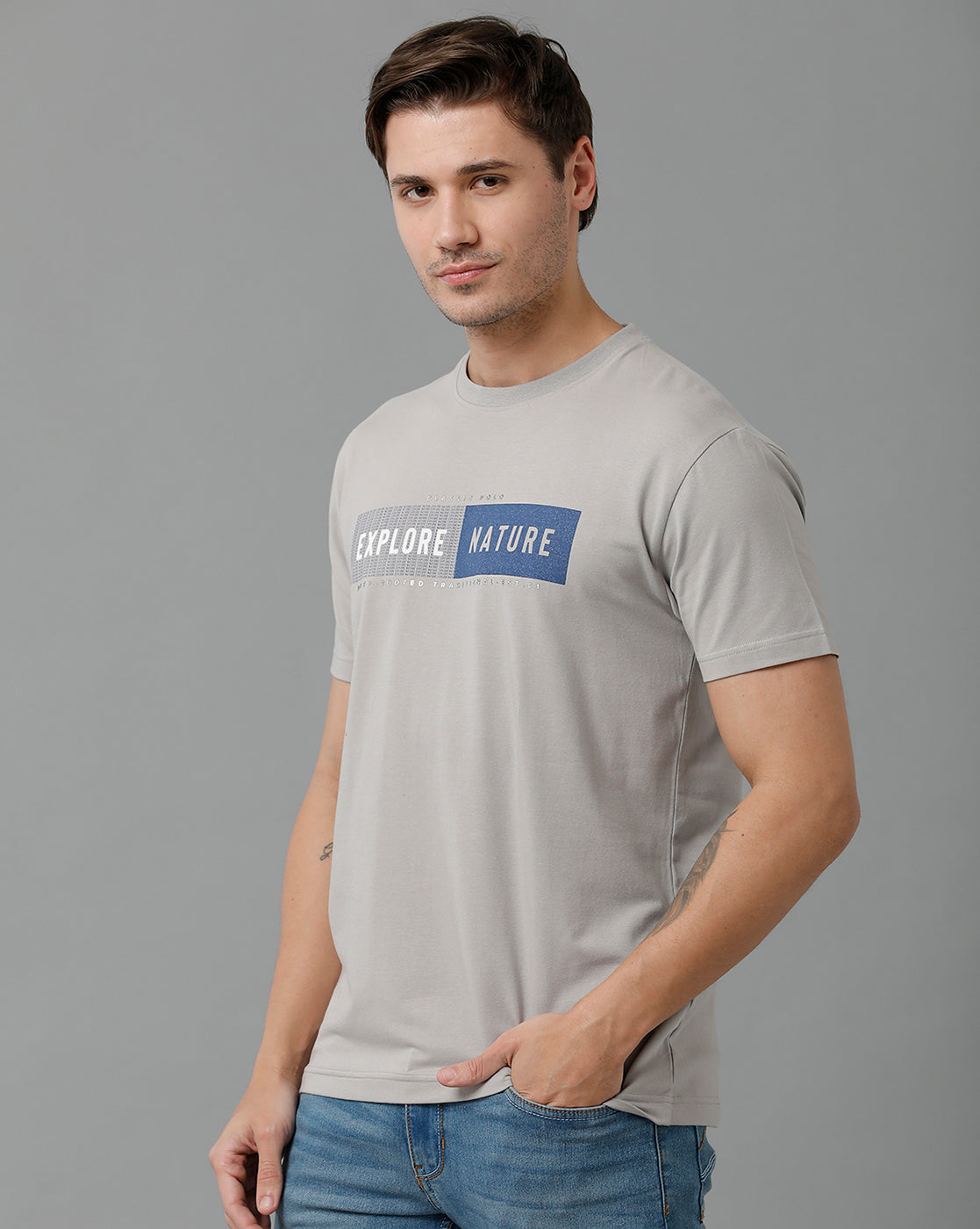Classic Polo Men's Cotton Half Sleeve Printed Slim Fit Round Neck Grey Color T-Shirt | Baleno - 496 B