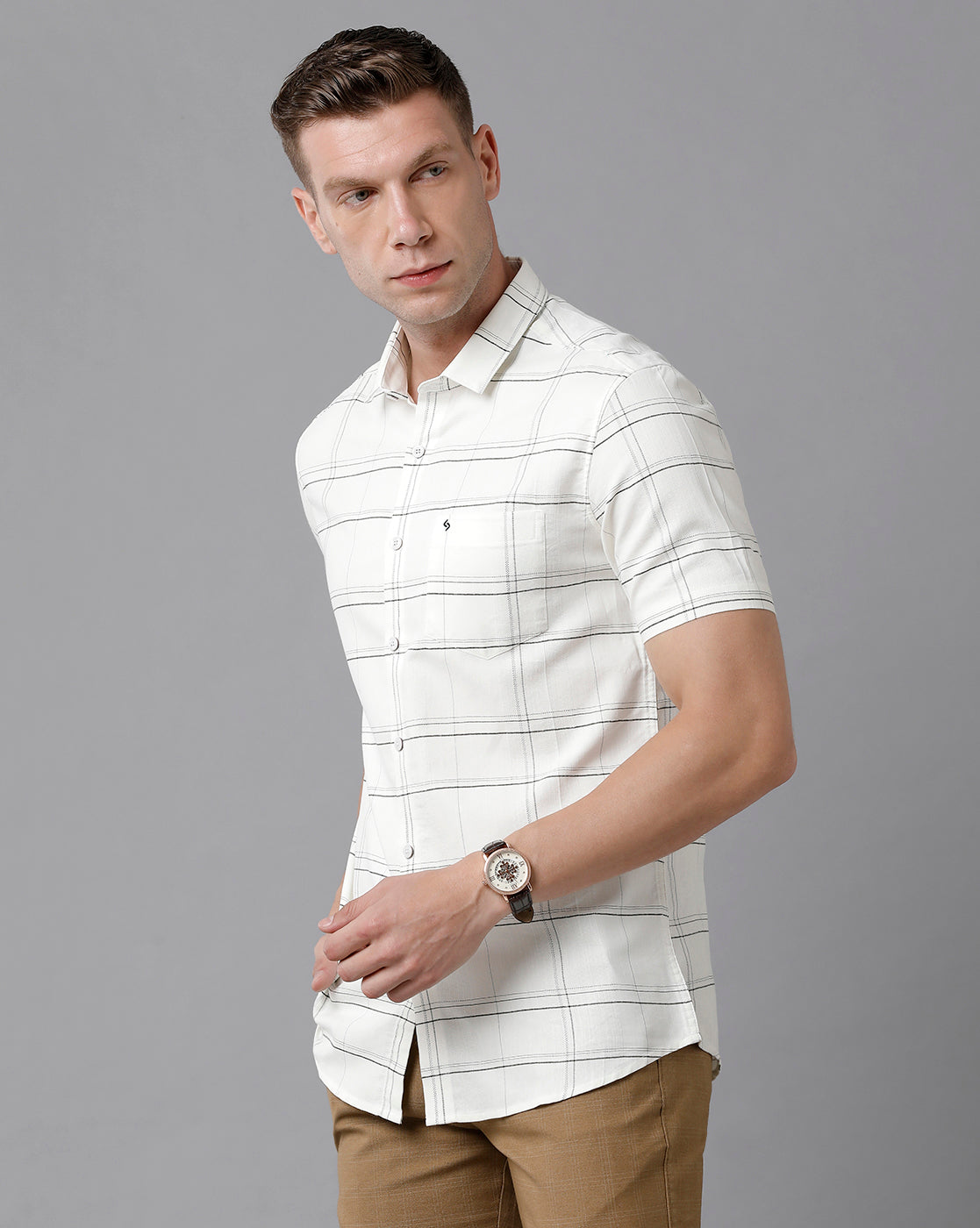 Classic Polo Men's Cotton Checked Half Sleeve Slim Fit Polo Neck White Color Woven Shirt | Sn2-118 A