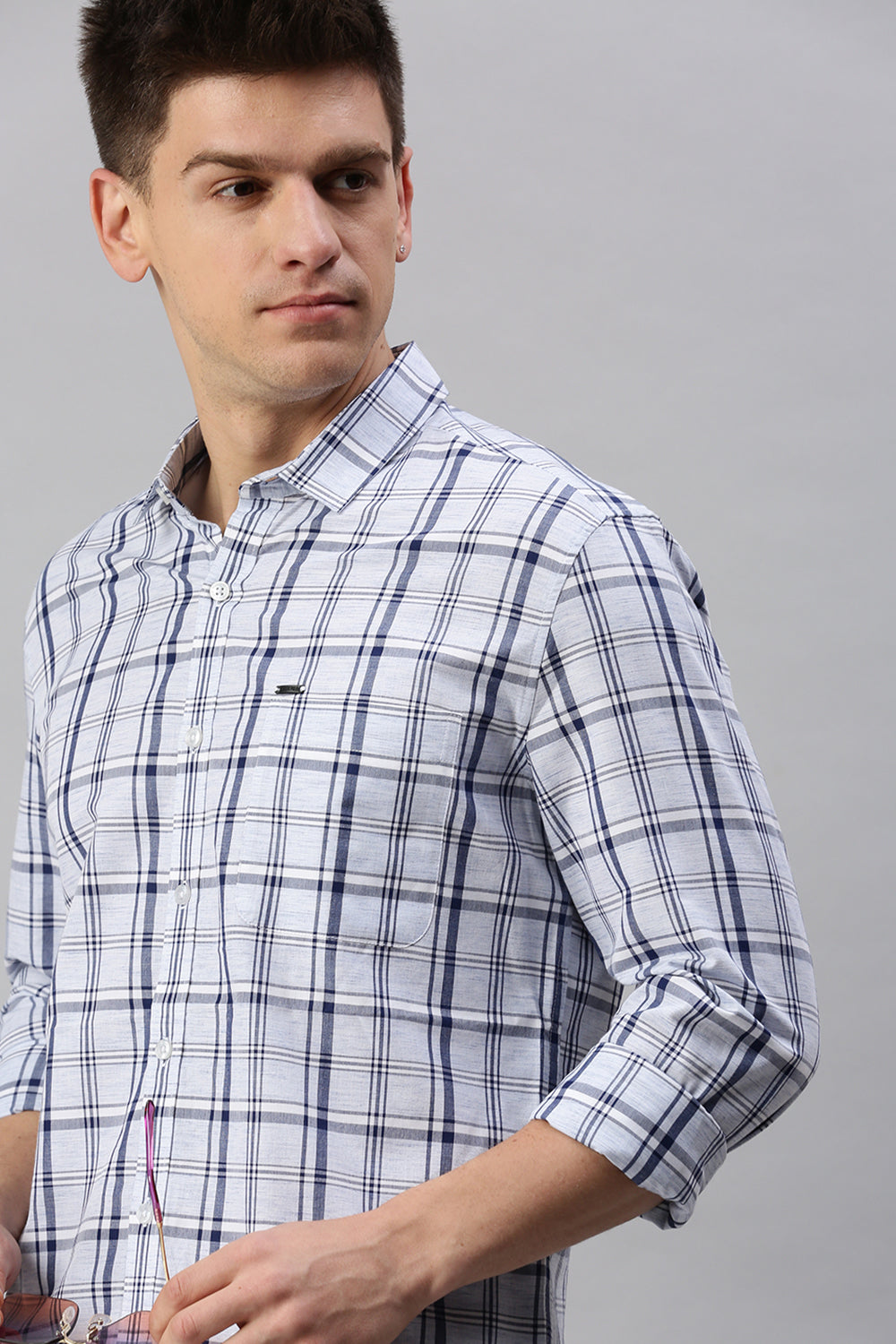 Classic Polo Men's Cotton Full Sleeve Checked Slim Fit Collar Neck Blue Color Woven Shirt | So1-79 A