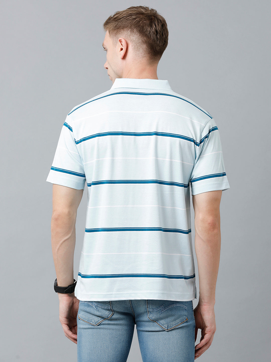 Classic Polo Men's Cotton Blend Half Sleeve Striped Authentic Fit Polo Neck Sky Blue Color T-Shirt | Avon - 520 B