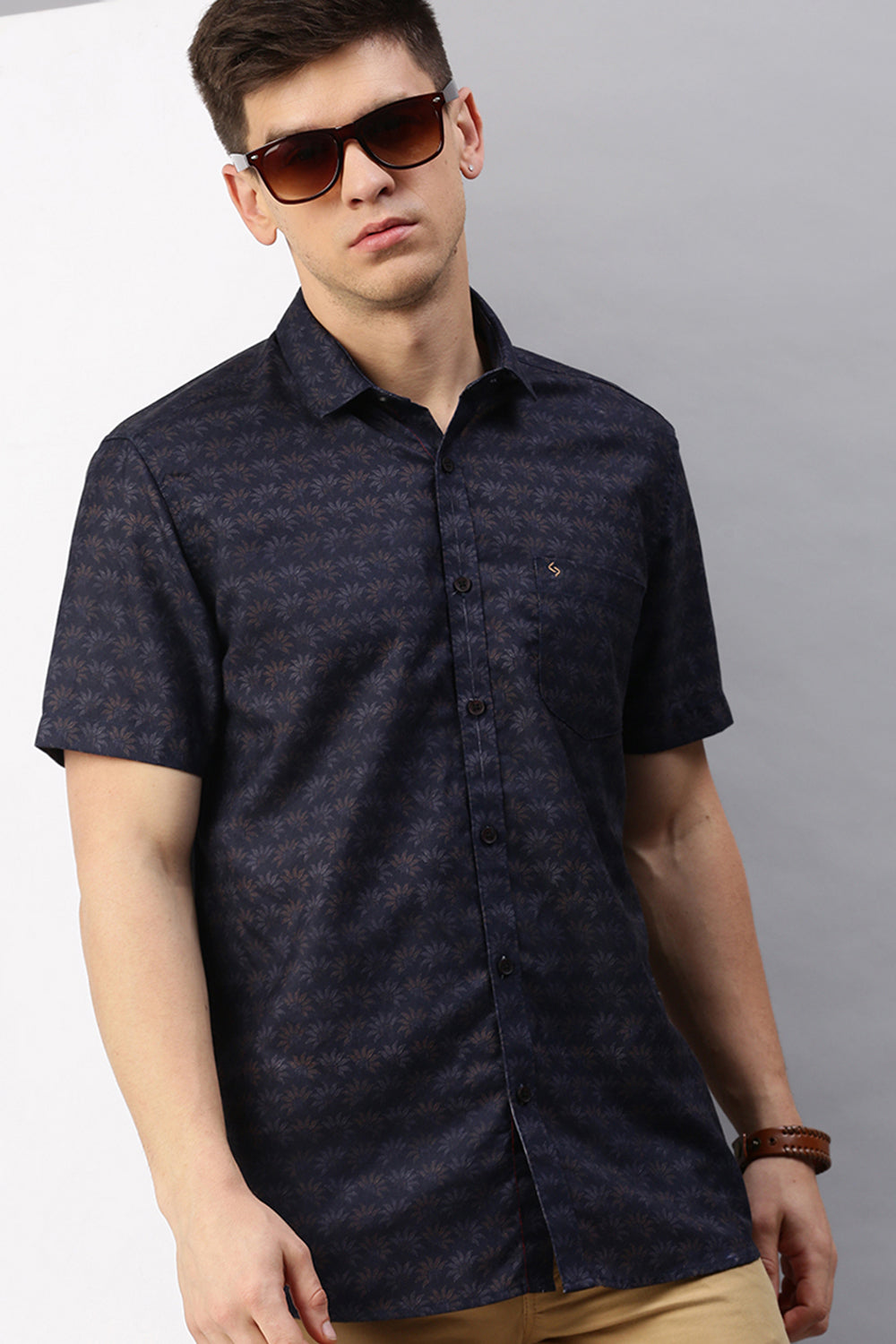 Classic Polo Men's Cotton Half Sleeve Printed Slim Fit Polo Neck Navy Color Woven Shirt | So1-28 B