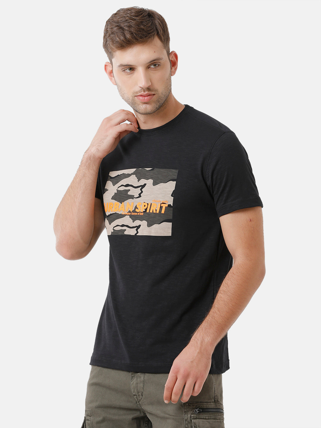 Classic Polo Mens Cotton Printed Half Sleeve Slim Fit Round Neck Black Color T-Shirt | Baleno 406 A