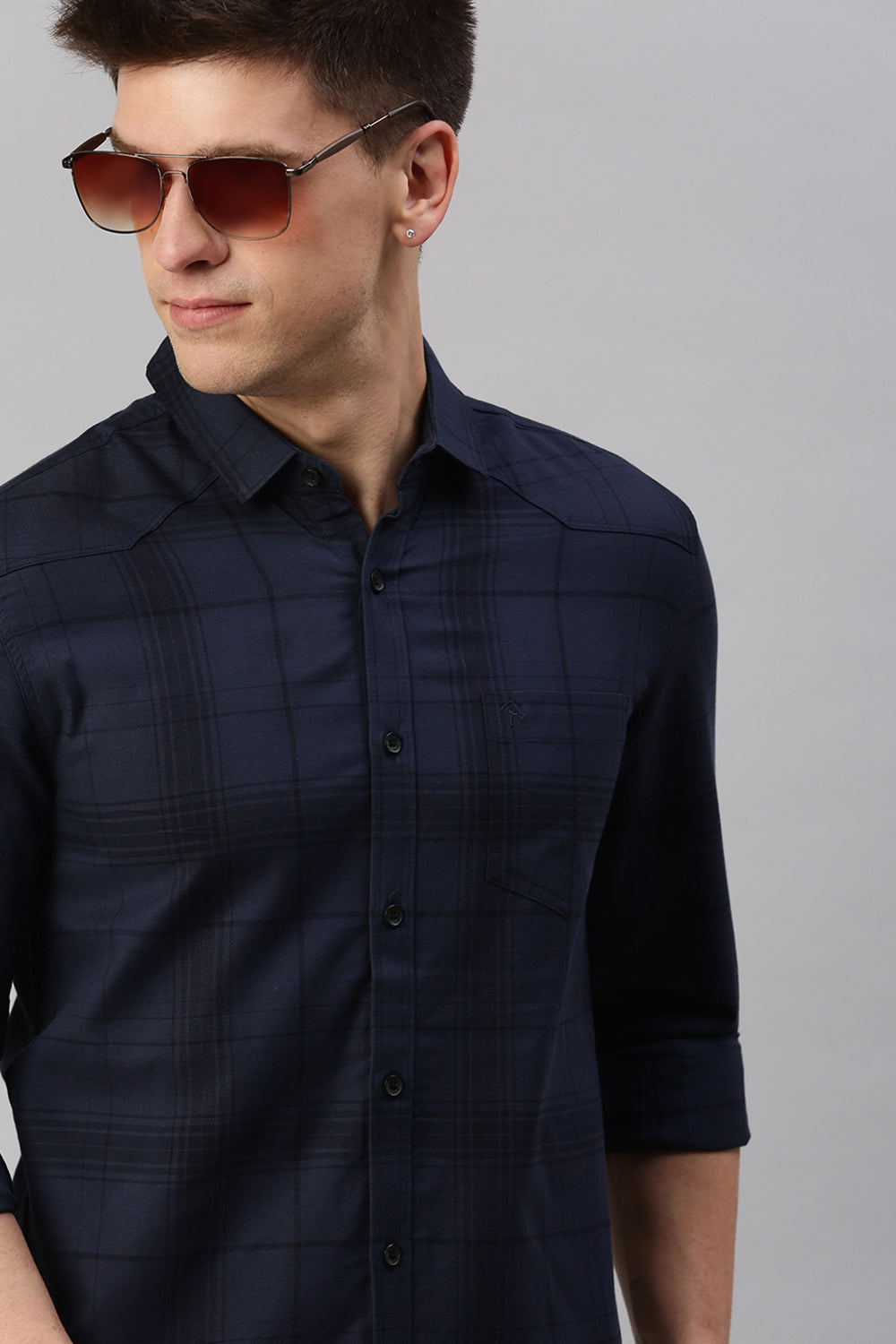 CP BRO Men's Cotton Full Sleeve Checked Slim Fit Collar Neck Navy Color Woven Shirt | Sbo1-44 B