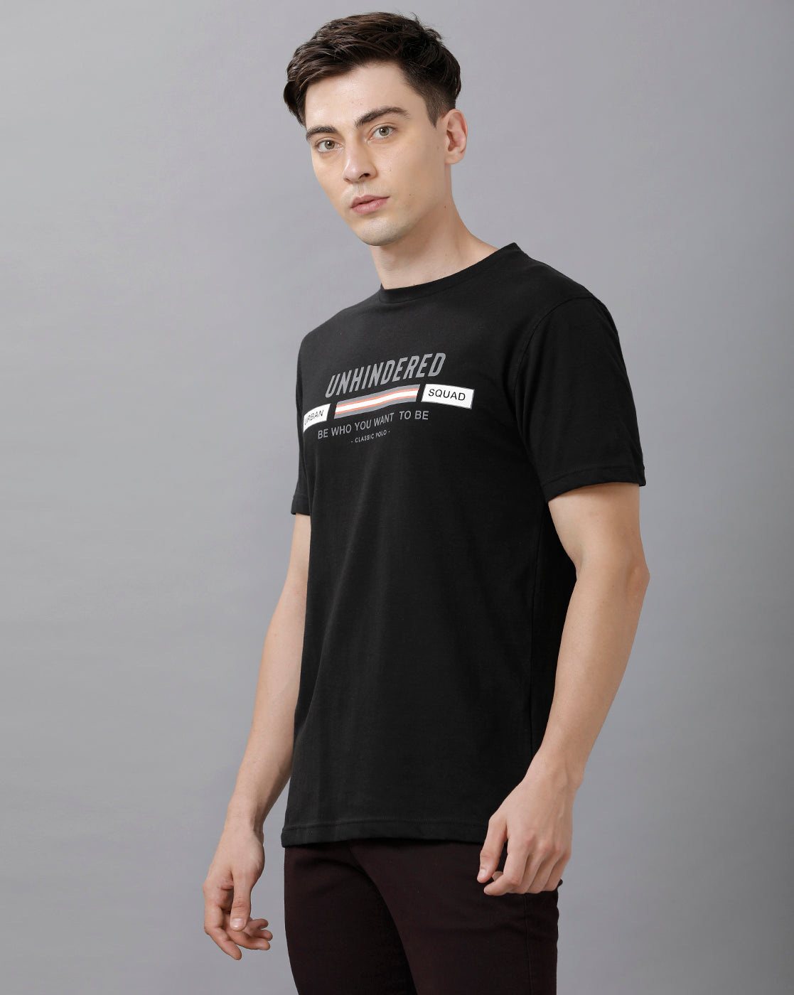 Classic Polo Mens Cotton Printed Half Sleeve Slim Fit Round Neck Black Color T-Shirt | Baleno 488