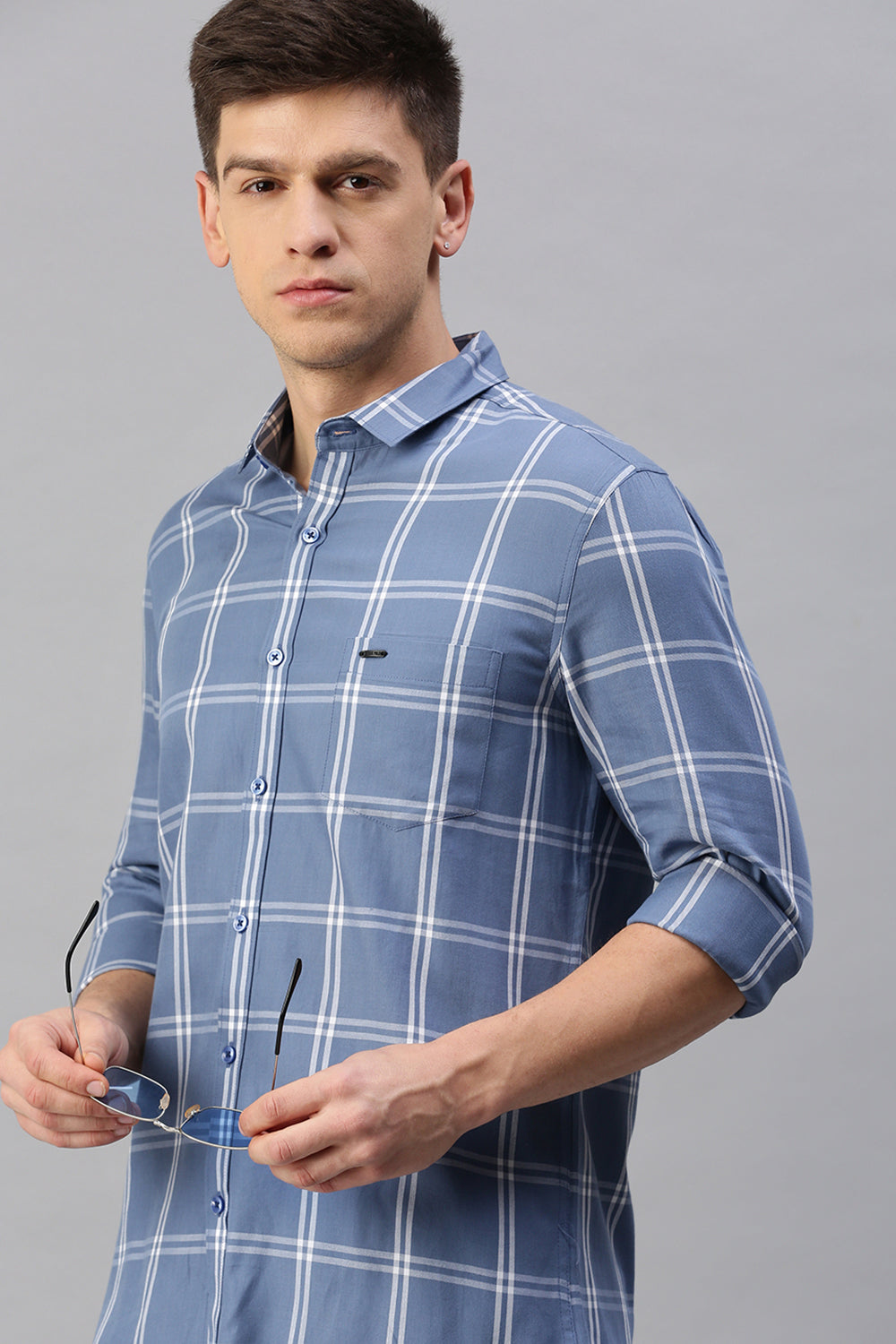 Classic Polo Men's Cotton Full Sleeve Checked Slim Fit Polo Neck Blue Color Woven Shirt | So1-122 A