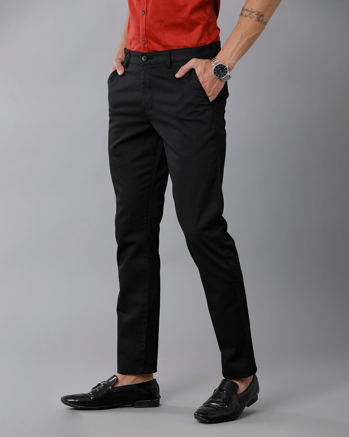 Classic Polo Men's 100% Cotton Moderate Fit Solid Black Color Trouser | TO1-36 B-BLK