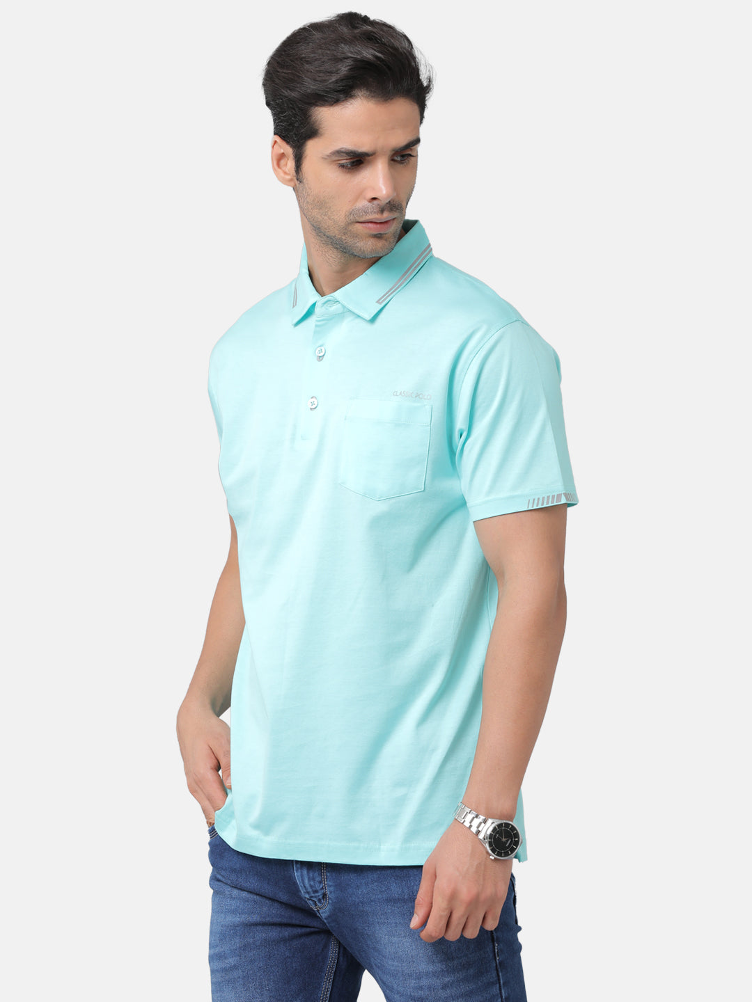 Classic Polo Mens Cotton Solid Slim Fit Polo Neck Turquoise Color T-Shirt | Unico 15b