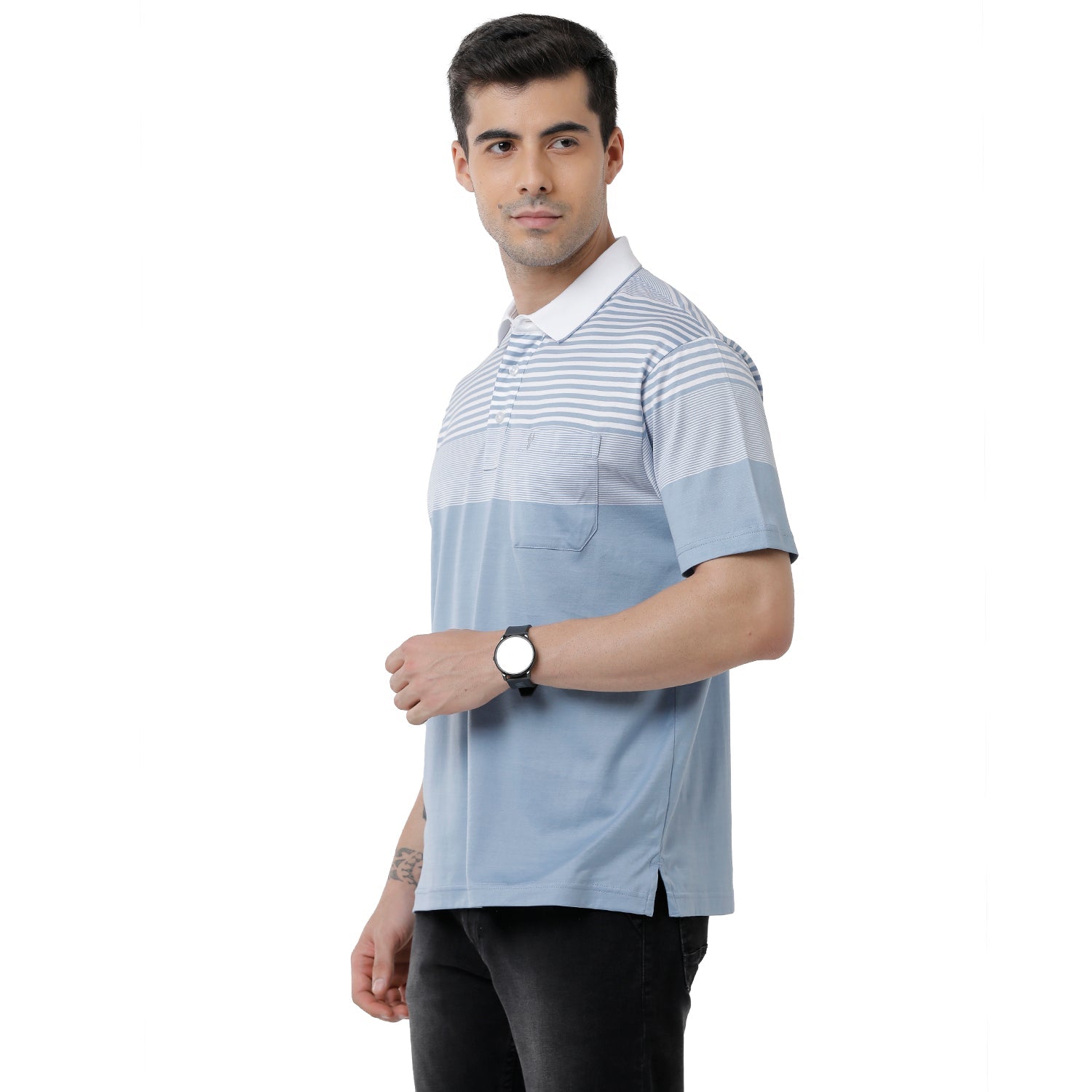 Classic Polo Mens Striped Authentic Fit Polo Neck Light Blue Premium T-Shirt - Ultimo 279 A T-shirt Classic Polo 