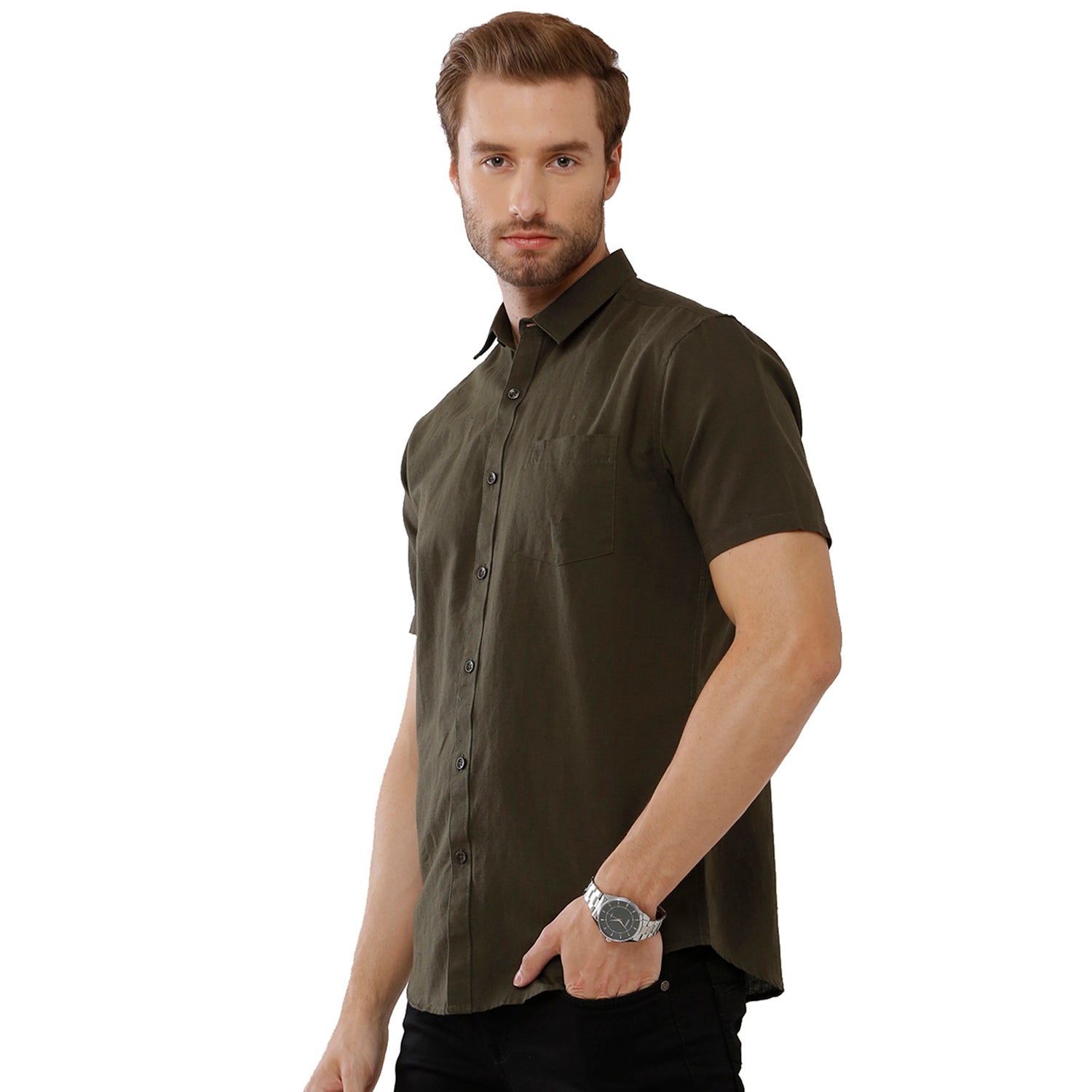 Classic Polo Mens 100% Cotton Solid Milano Fit Olive Green Color Woven Shirt - Mica Olive Shirts Classic Polo 