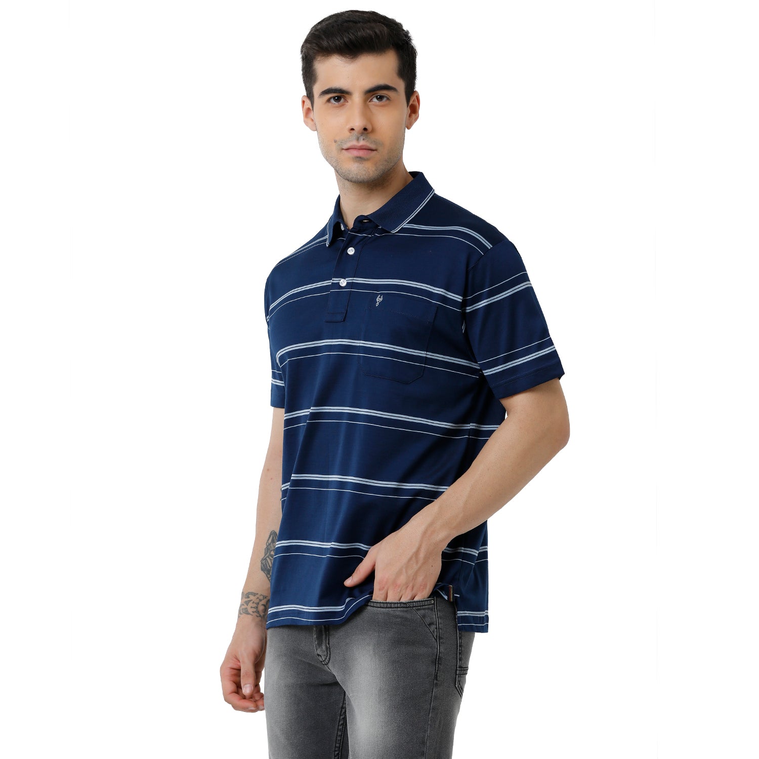 Classic Polo Mens Striped Authentic Fit Polo Neck Navy Blue Color Premium T-Shirt - Ultimo 278 A T-shirt Classic Polo 