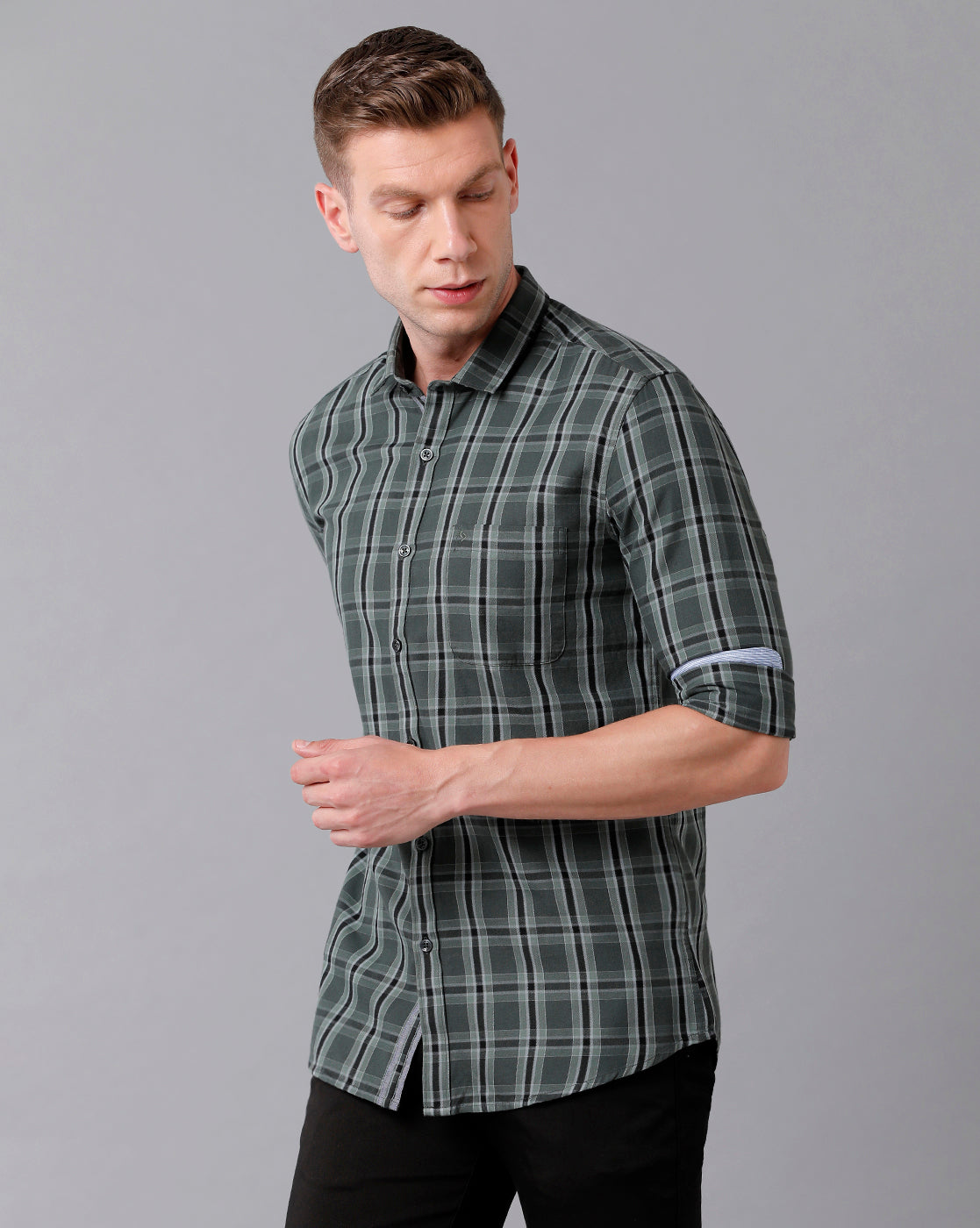 Classic Polo Men's Cotton Checked Full Sleeve Slim Fit Polo Neck Dark Grey Color Woven Shirt | Sn2-17 B