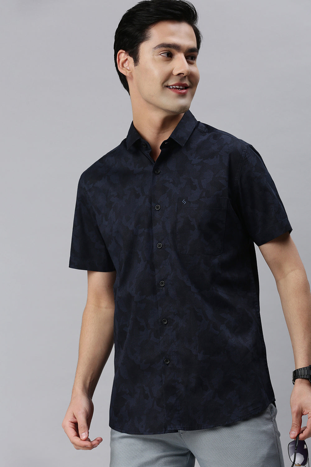 Classic Polo Men's Cotton Half Sleeve Printed Slim Fit Polo Neck Navy Color Woven Shirt | So1-11 C