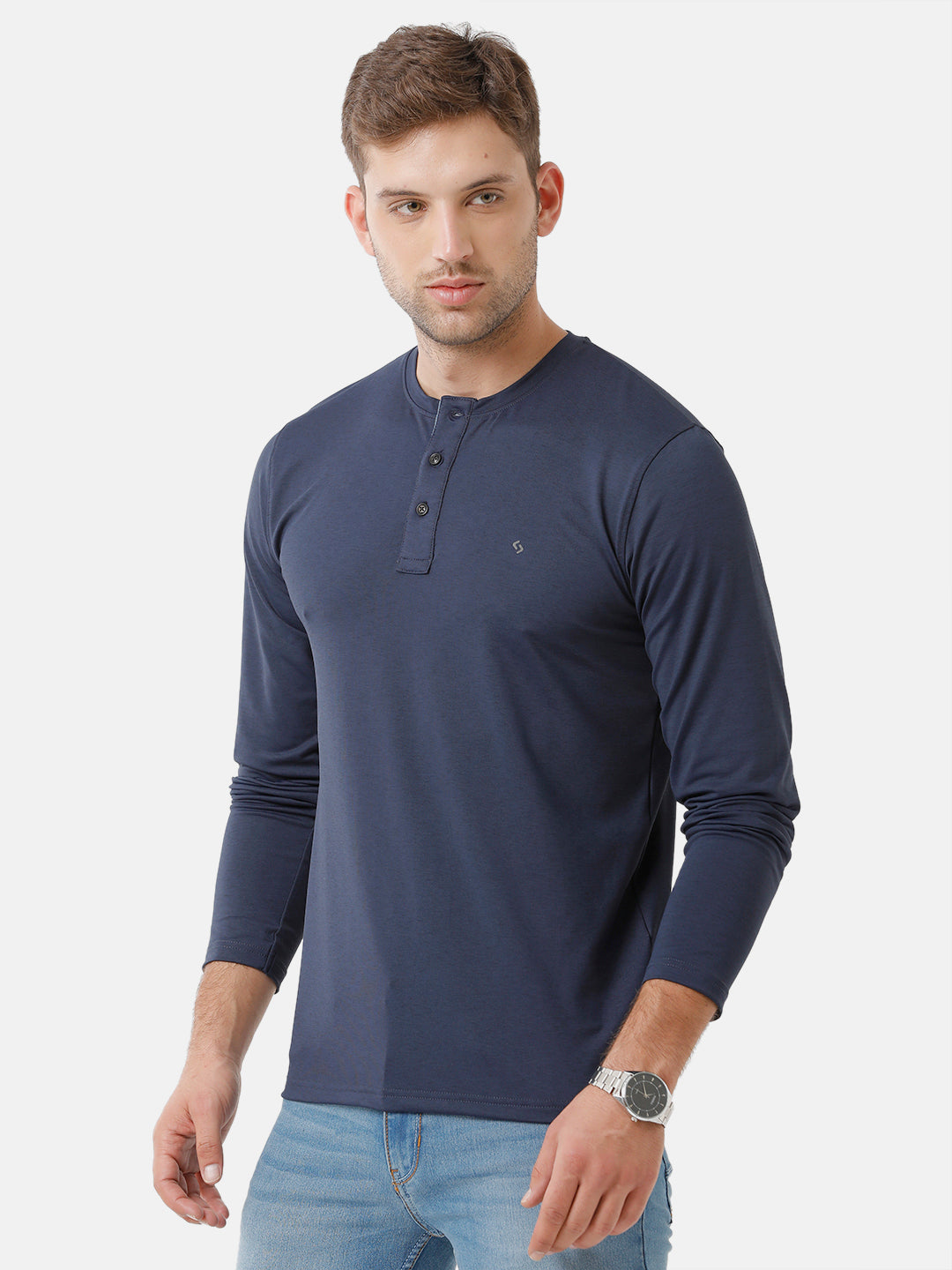 Classic Polo Mens Cotton Solid Full Sleeve Slim Fit Y Neck Navy Blue Color T-Shirt | Verno 306 C