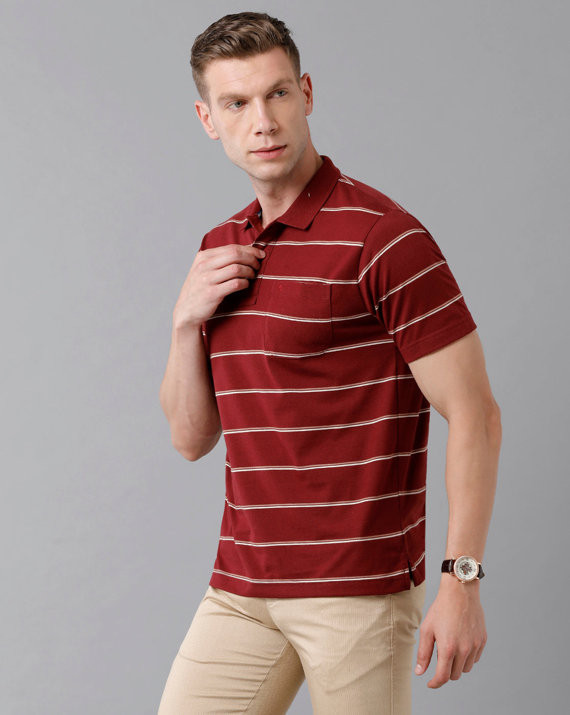 Classic Polo Men's Cotton Blend Striped Half Sleeve Regular Fit Polo Neck Red Color T-Shirt | Avon - 494 A