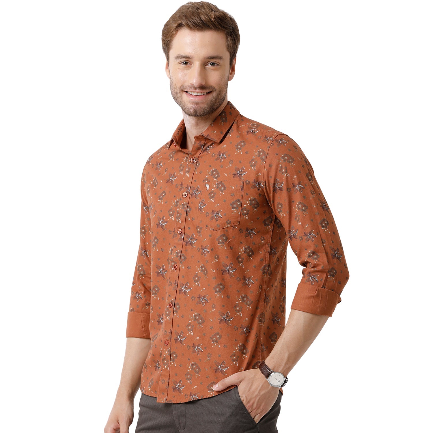 Swiss Club Mens Brown Color Slim Fit Full Sleeve Shirt - S-SC-100 B-FS-PRT-BSL Shirts Swiss Club 