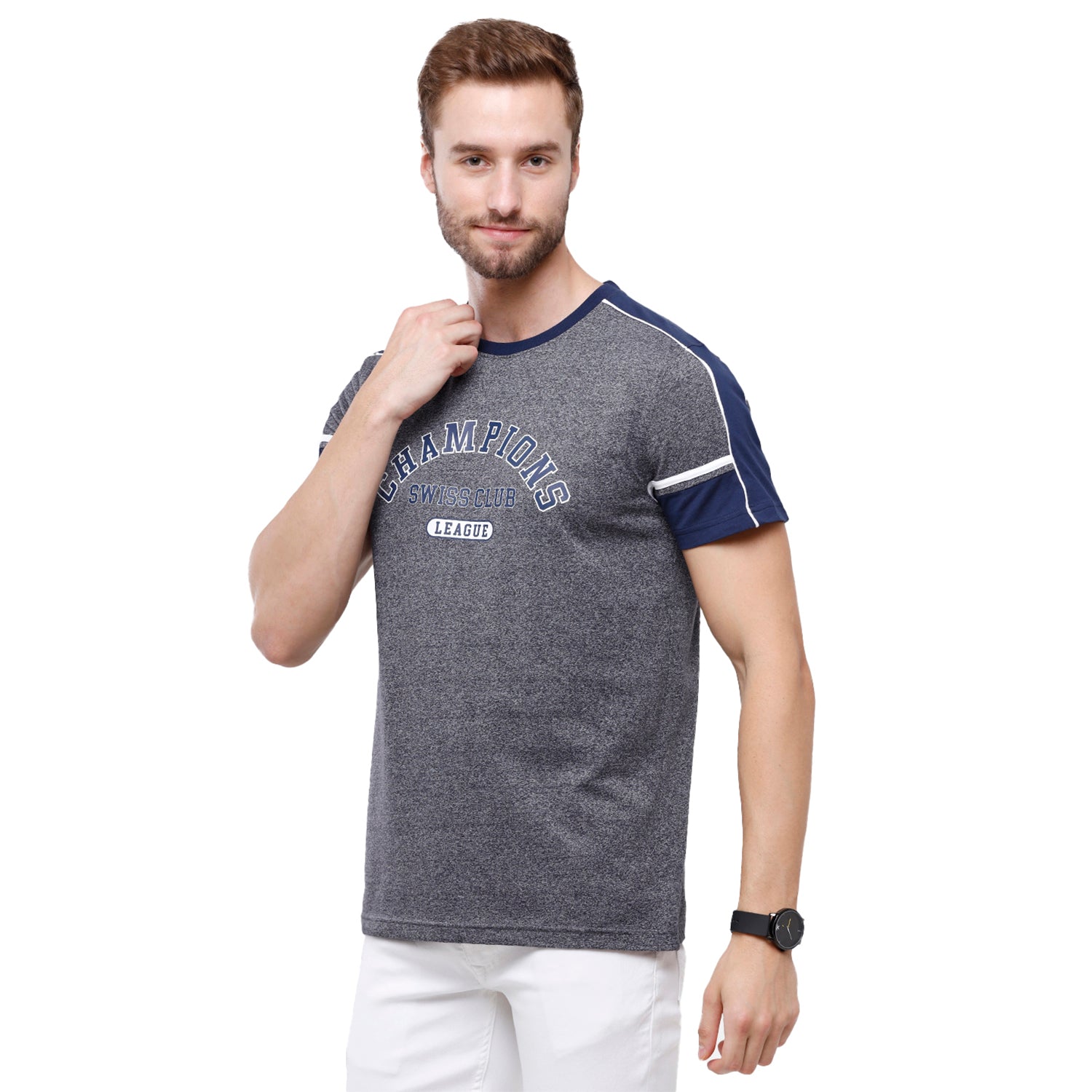 Swiss Club Mens Grey Chest Print Slim Fit Half Sleeve Round Neck T-Shirt (CUB - 48 B SF C) T-shirt Swiss Club 