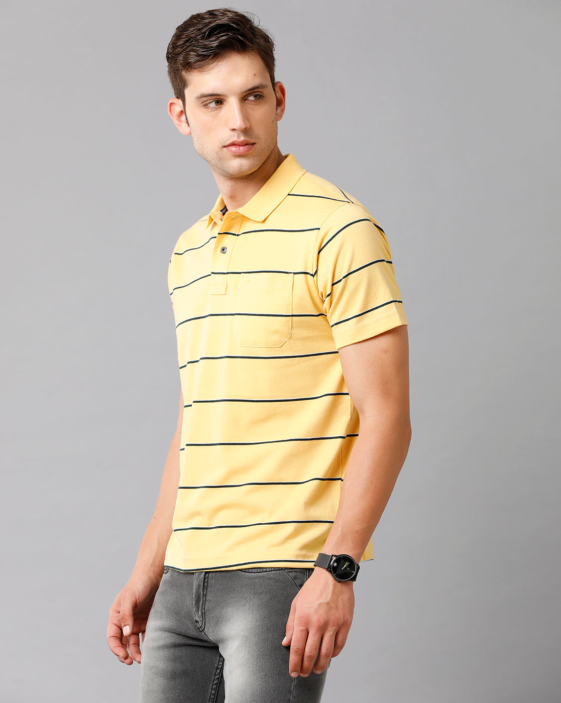 Classic Polo Mens Cotton Blend Striped Half Sleeve Authentic Fit Polo Neck Yellow Color T-Shirt | Avon 496 B