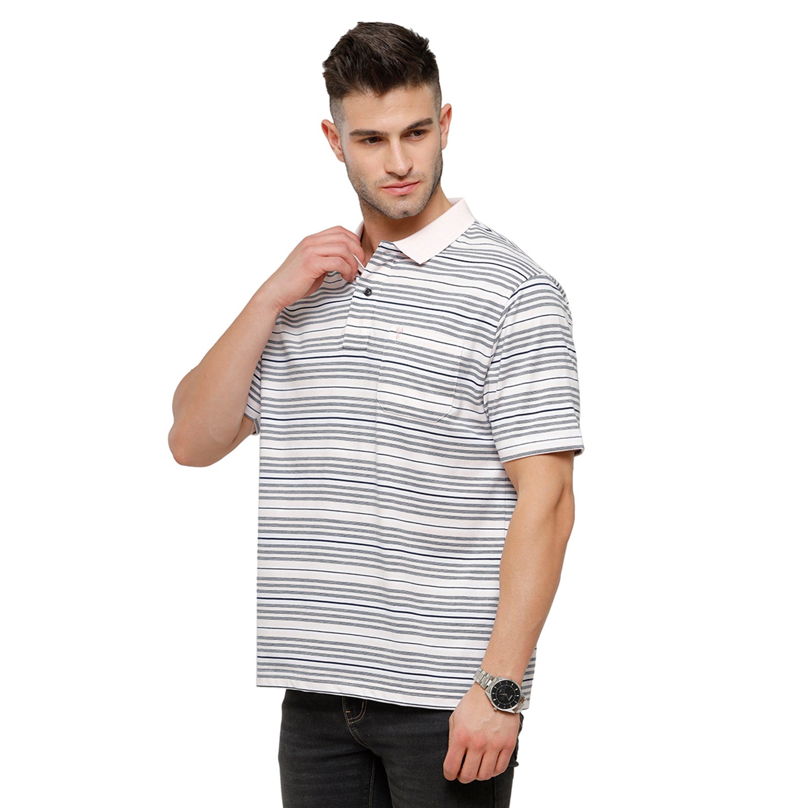 Classic Polo Mens Grey Stripes Half Sleeve Authentic Fit T-Shirt AVON - 473 B T-shirt Classic Polo 