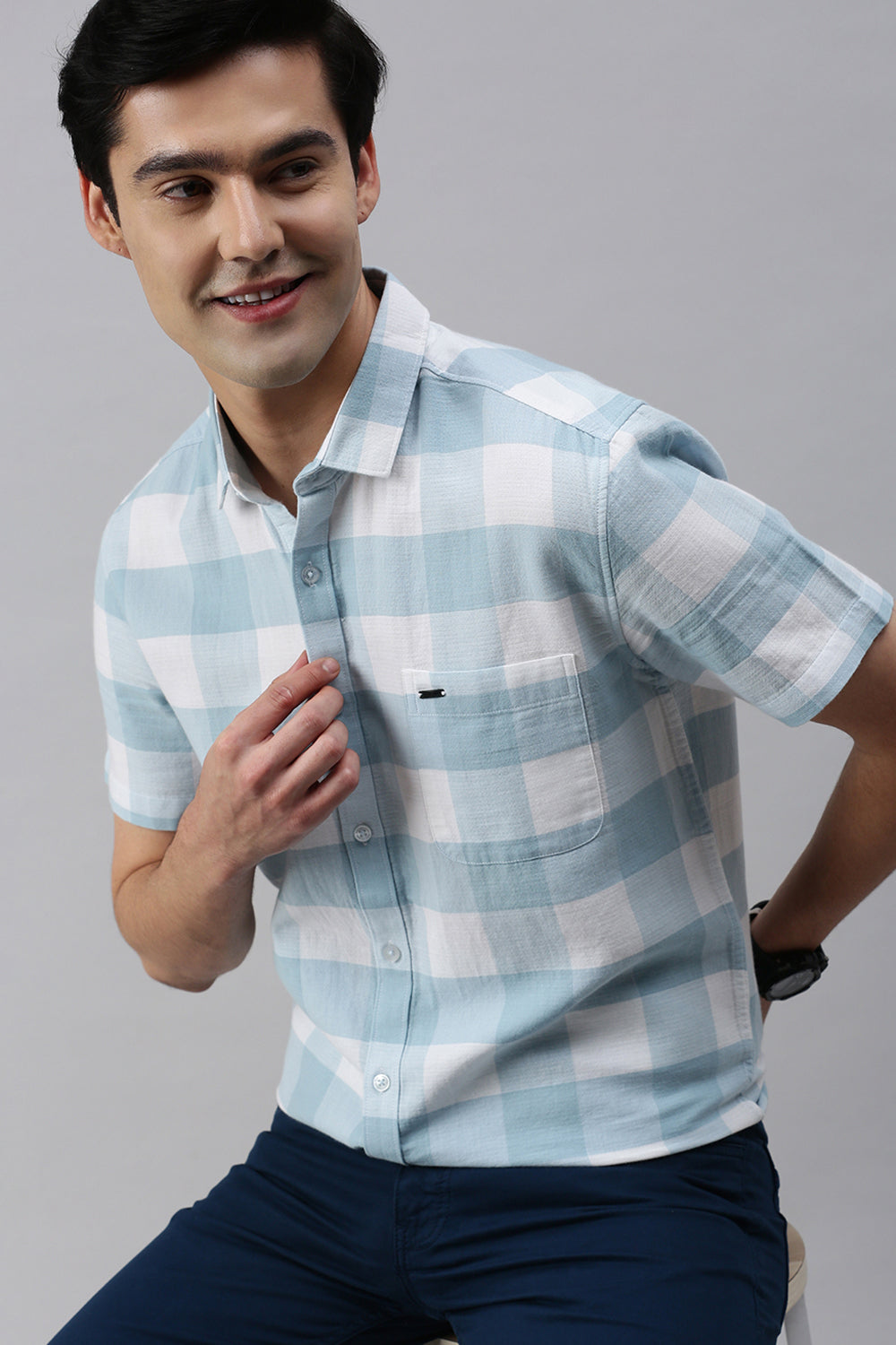 Classic Polo Men's Cotton Half Sleeve Checked Slim Fit Polo Neck Light Blue Color Woven Shirt | So1-132 A