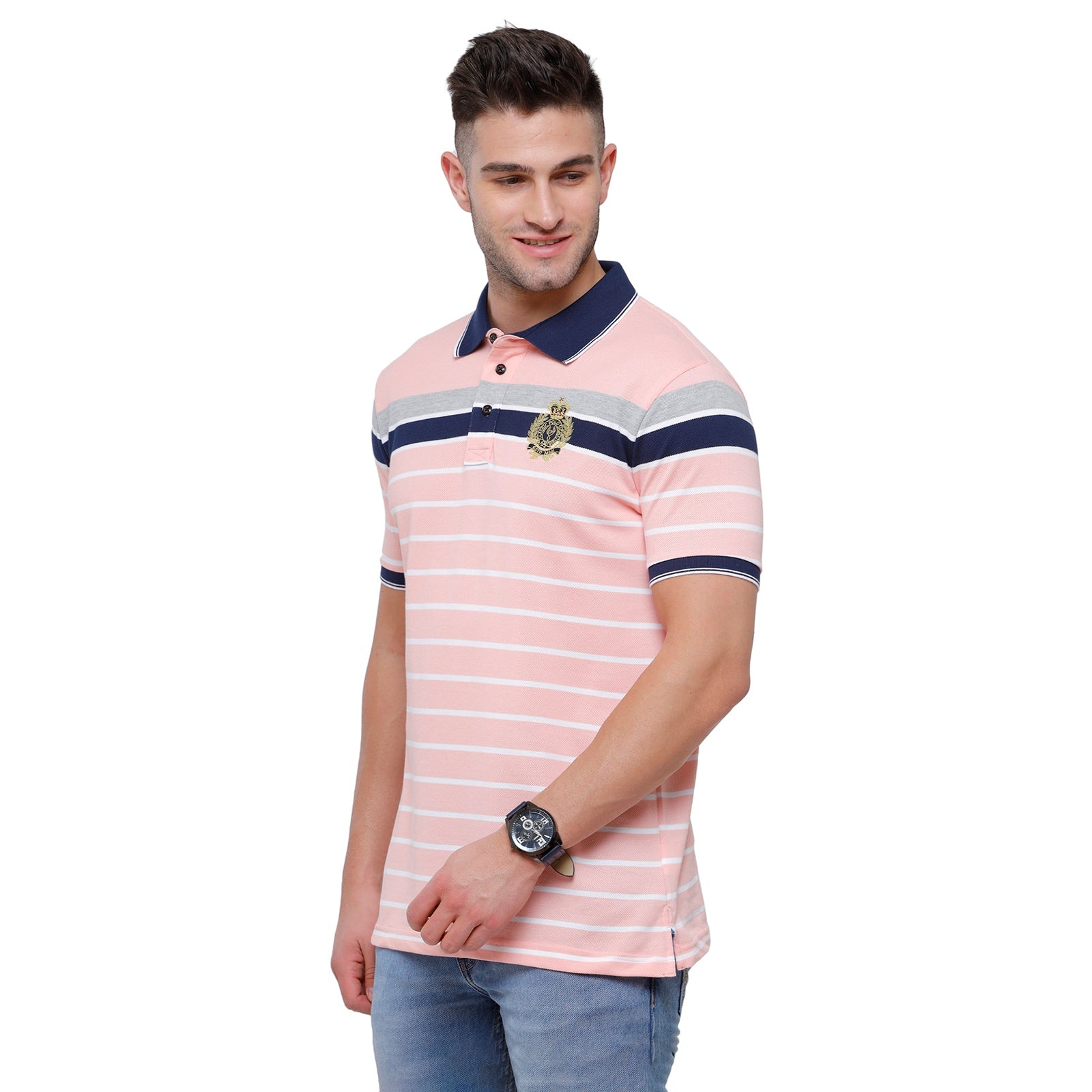 Classic Polo Mens Pink Stripped Slim Fit Polo Neck T-Shirt - VTA 190B T-shirt Classic Polo 