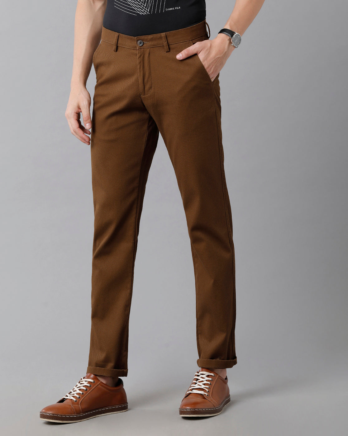 Classic Polo Men's Cotton Solid Slim Fit Brown Color Trousers | Tn2-08 B