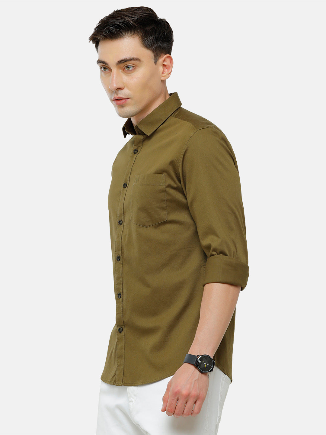 Classic Polo Men's Cotton Olive Solid Full Sleeve Shirt - Zeus Olive