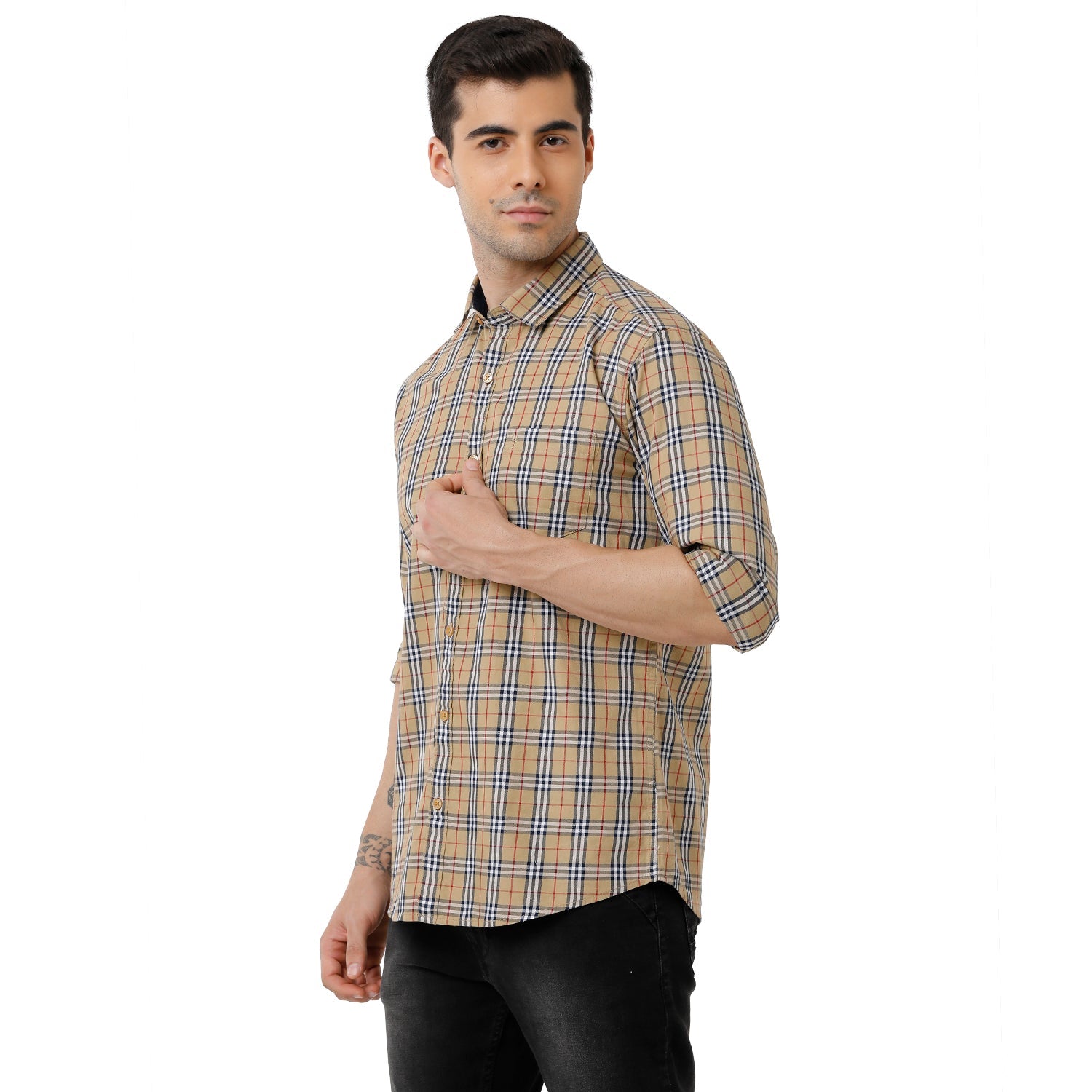 Classic Polo Mens Cotton Checked Slim Fit Full Sleeve Brown Color Shirt - SN1-121 B Shirts Classic Polo 
