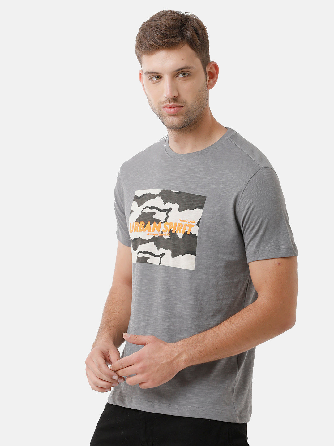 Classic Polo Mens Cotton Printed Half Sleeve Slim Fit Round Neck Grey Color T-Shirt | Baleno 406 B