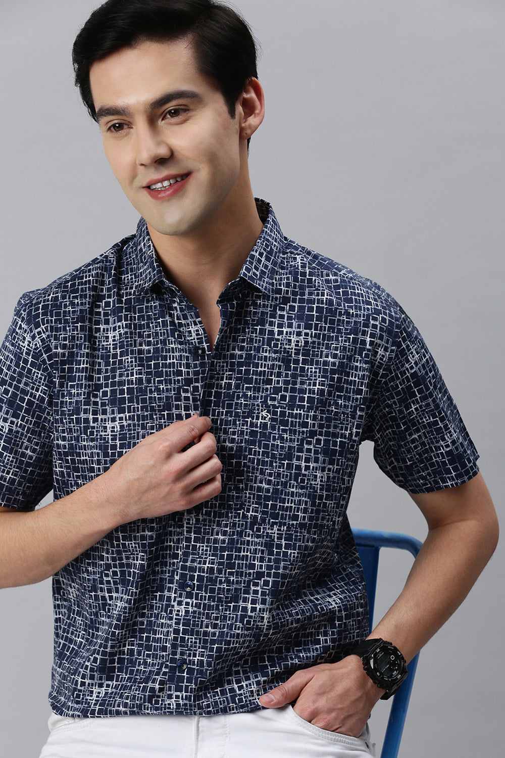 Classic Polo Men's Cotton Half Sleeve Printed Slim Fit Polo Neck Navy Blue Color Woven Shirt | So1-156 A