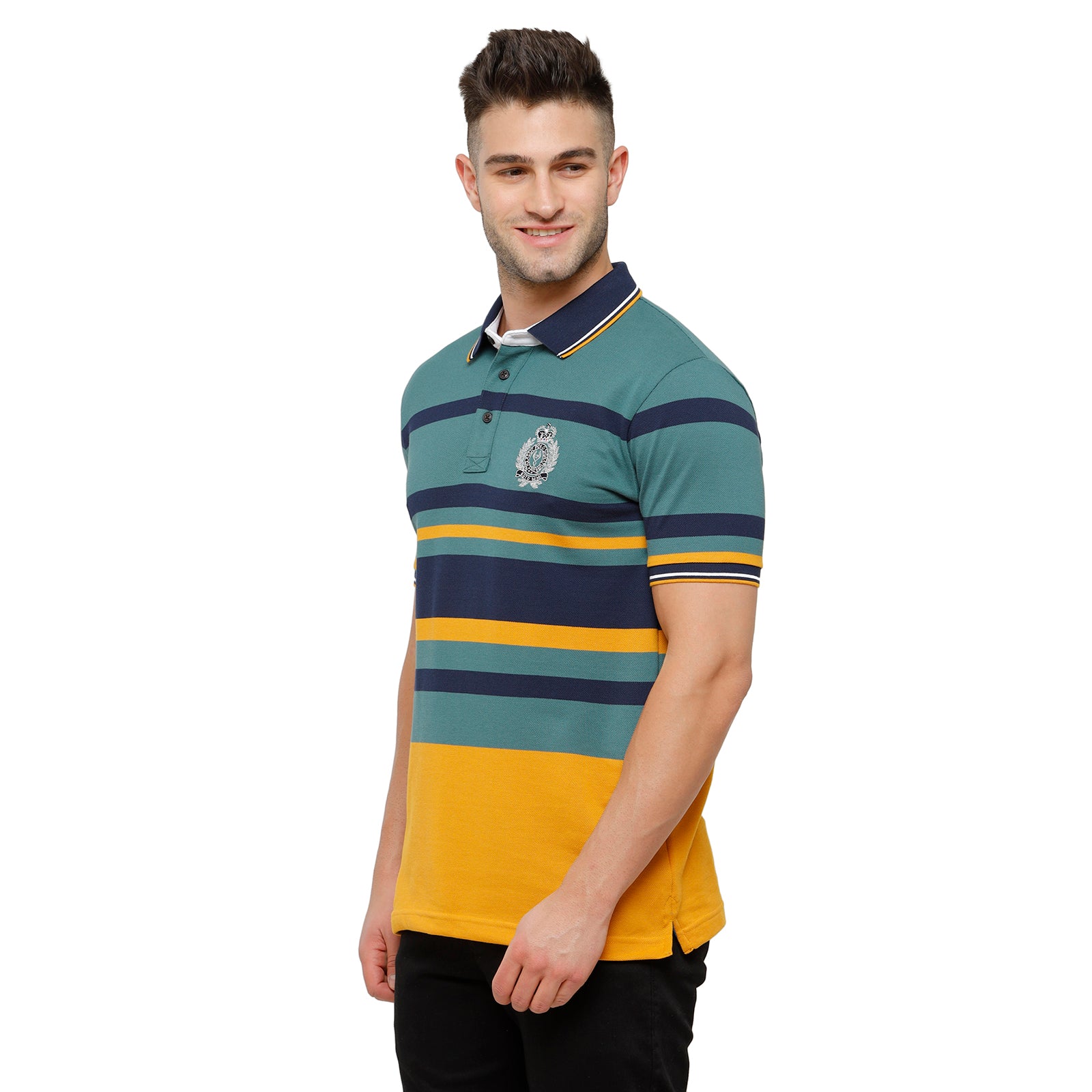 Classic Polo Mens Blue & Yellow Stripped Slim Fit Polo Neck T-Shirt - Vta 186 B T-shirt Classic Polo 