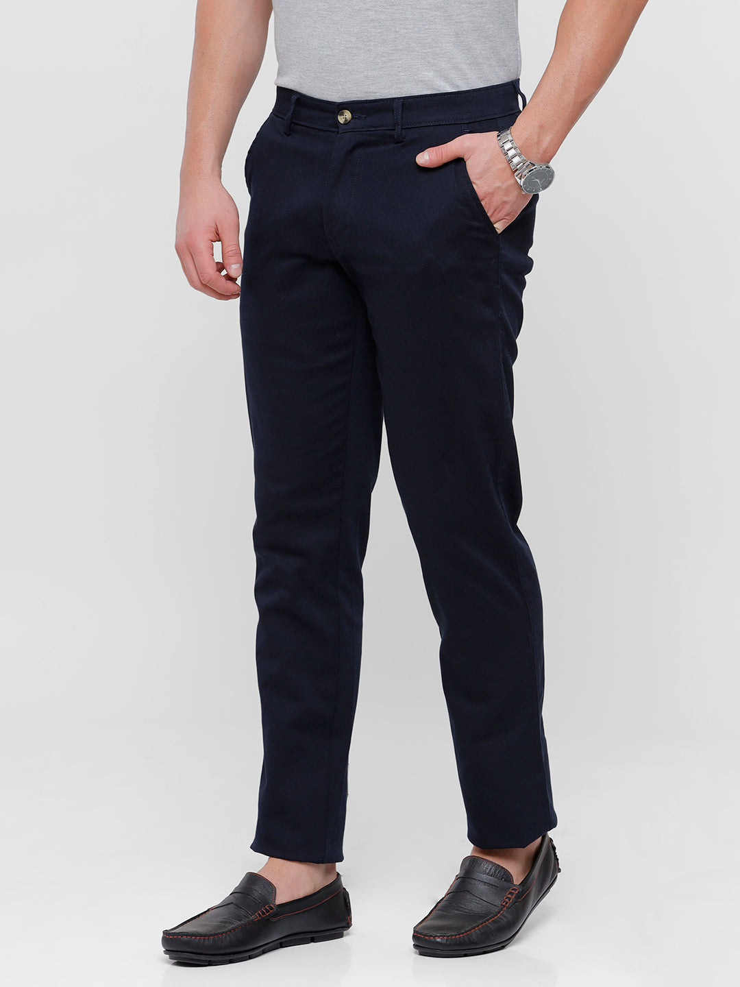 Classic Polo Mens Solid Slim Fit Navy Blue Trousers - EROS Navy