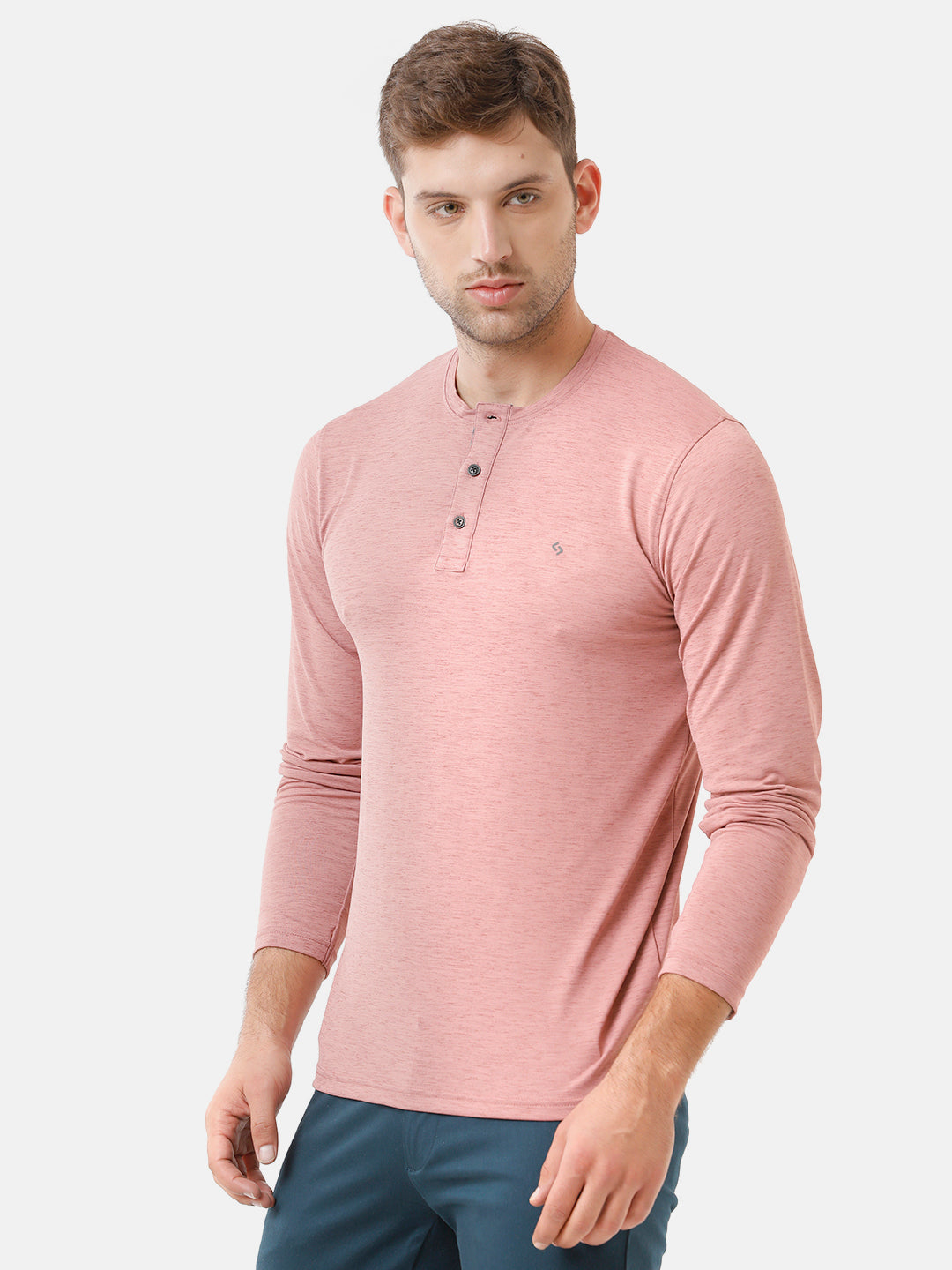 Classic Polo Mens Cotton Solid Full Sleeve Slim Fit Y Neck Peach Color T-Shirt | Verno 308 B