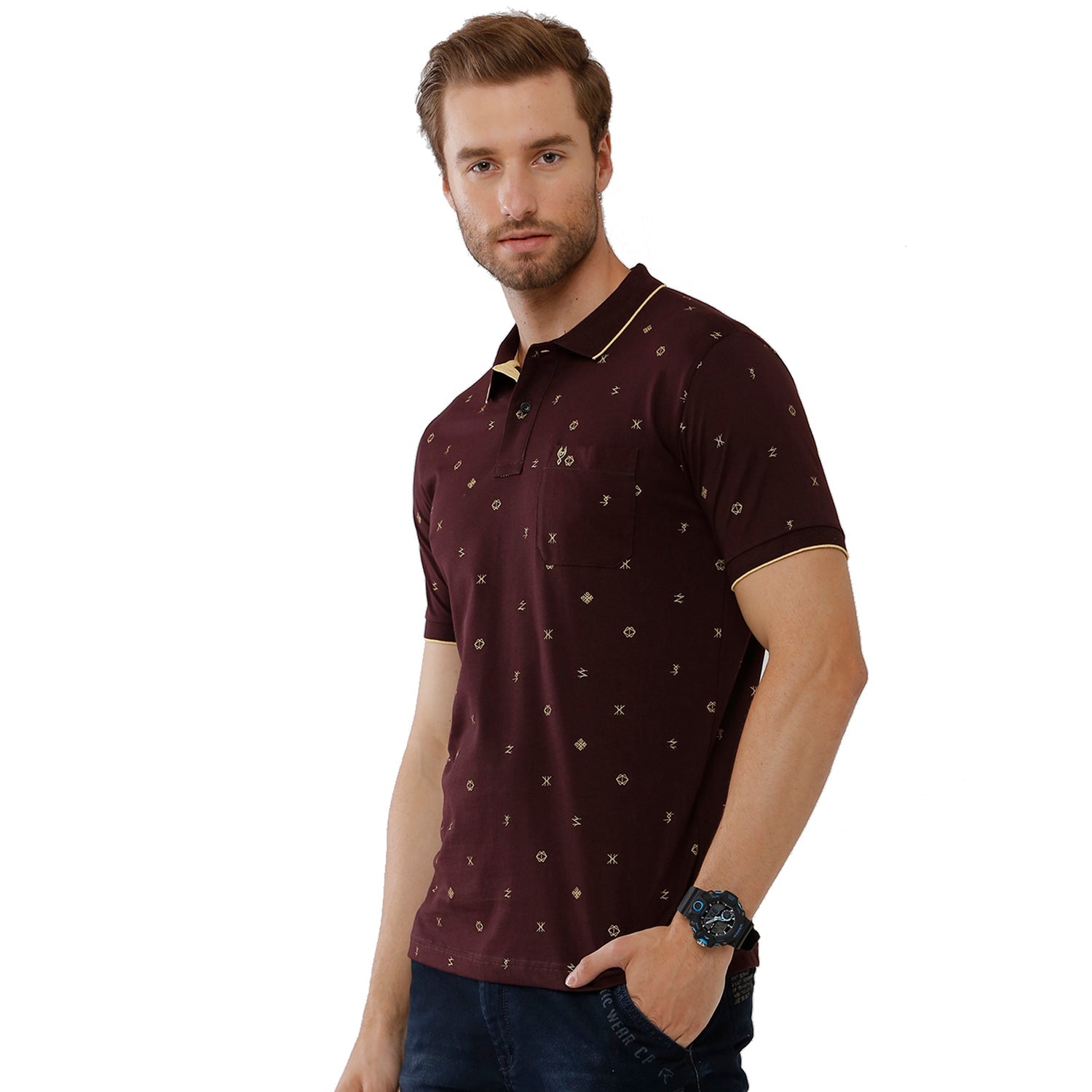Classic Polo Mens 100% Cotton Printed Slim Fit Maroon Color Polo Neck T-Shirt -BELLO 169 B T-shirt Classic Polo 