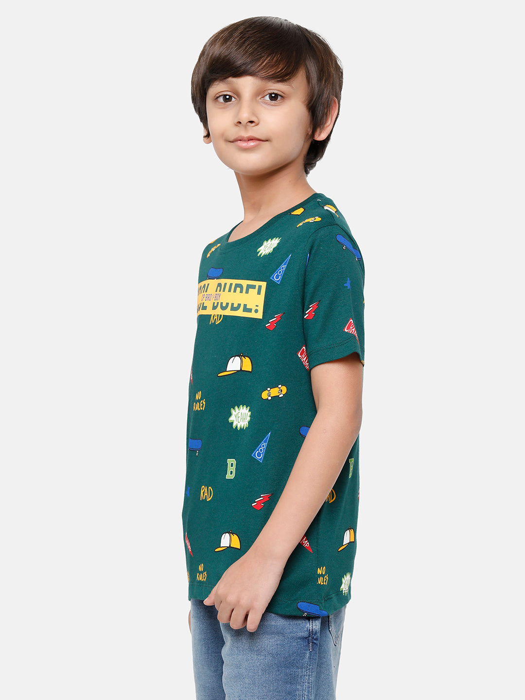 CP Boys Green Printed Slim Fit Round Neck T-Shirt T-shirt Classic Polo 