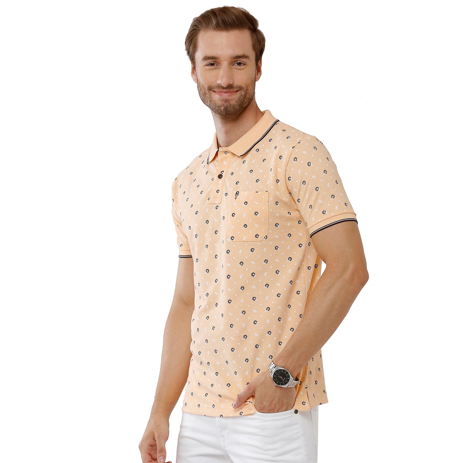 Classic Polo Mens 100% Cotton Printed Slim Fit Beige Color Polo Neck T-Shirt -BEAU 165 A T-shirt Classic Polo 