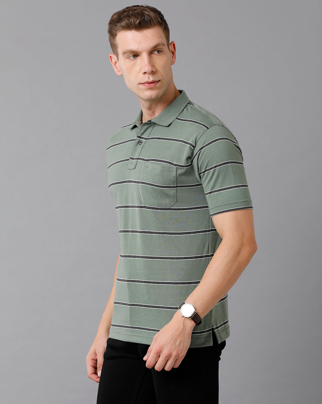 Classic Polo Men's Cotton Blend Striped Authentic Fit Green T-Shirt | Avon - 503 A
