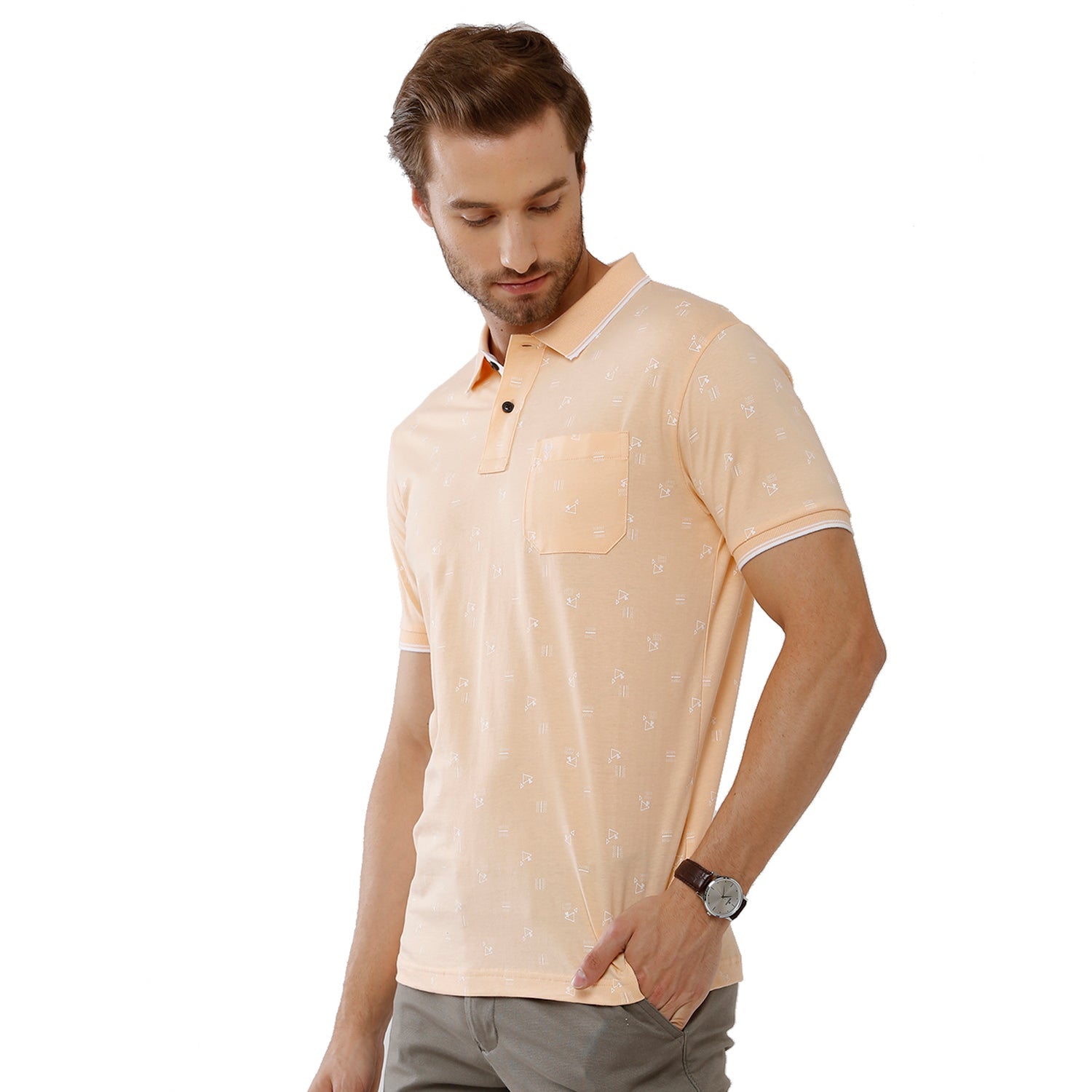 Classic Polo Mens 100% Cotton Printed Slim Fit Beige Color Polo Neck T-Shirt -BELLO 165 B Classic Polo 
