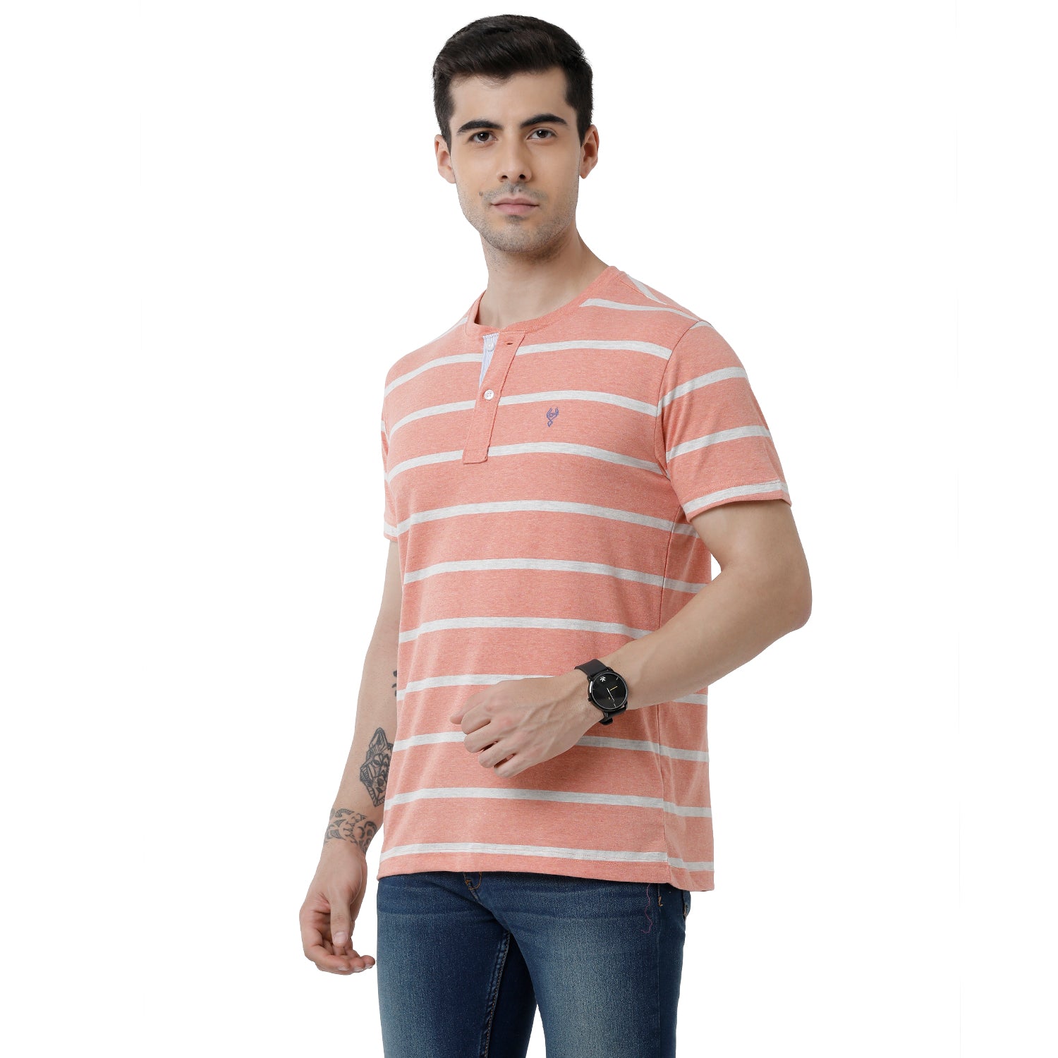 Classic Polo Mens Striped Slim Fit Crew Neck Peach Color T-Shirt - Baleno - 405 A T-shirt Classic Polo 