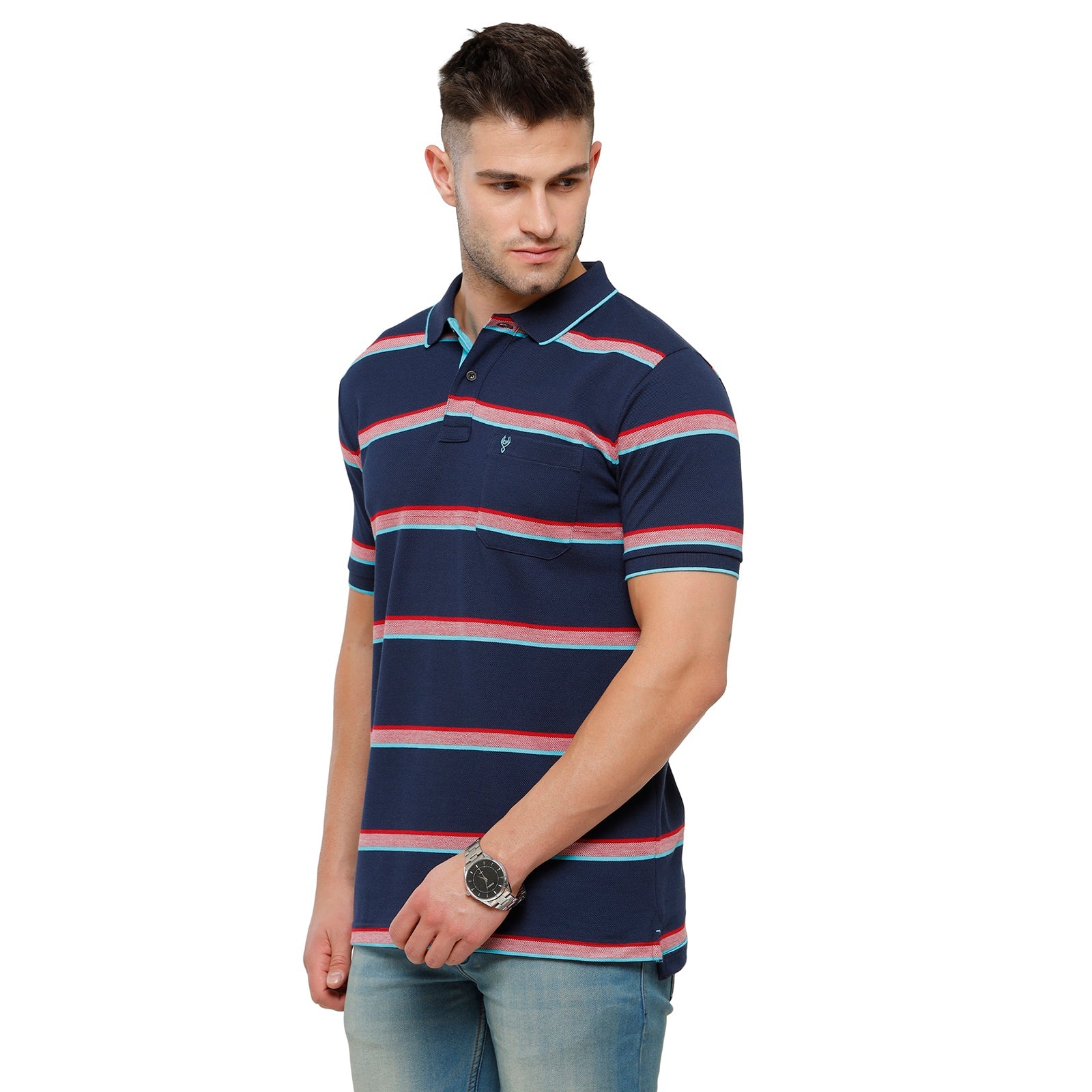 Classic Polo Mens Cotton Striped Slim Fit Polo Neck Navy Colour T-Shirt - Adore 161 B T-shirt Classic Polo 