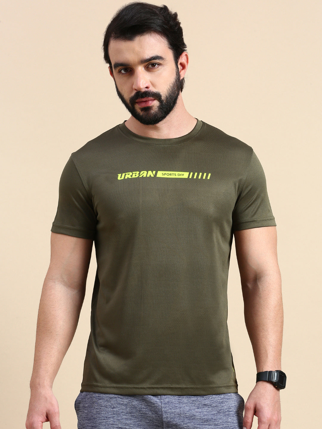 Classic Polo Men's Round Neck Polyester Olive Slim Fit Active Wear T-Shirt