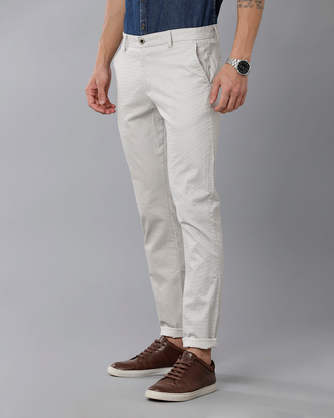 Classic Polo Men's 100% Cotton Moderate Fit Solid Cream Color Trouser | TO1-34 A-STN