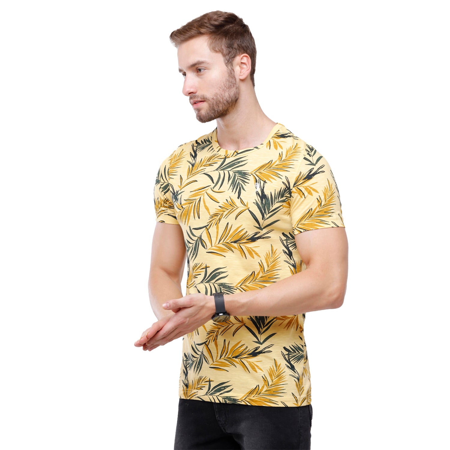 Swiss Club Mens Beige Printed Slim Fit Half Sleeve Round Neck T-Shirt (CUB - 47 A SF C) T-shirt Swiss Club 