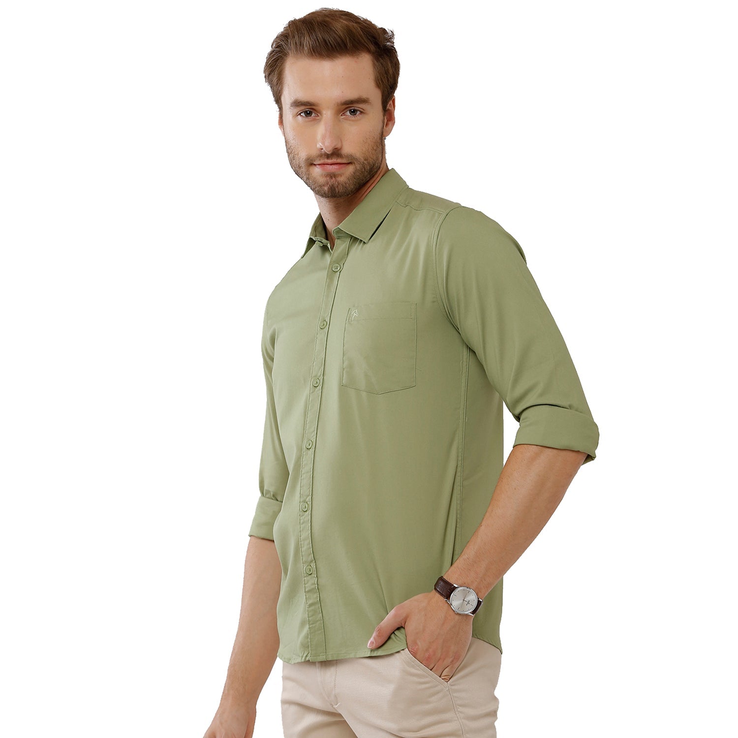 Classic Polo Bro Mens 100% Cotton Solid Full Sleeve Slim Fit Polo Neck Green Color Woven Shirt (SBN1-70 C-FS-SLD-BSL) Classic Polo 