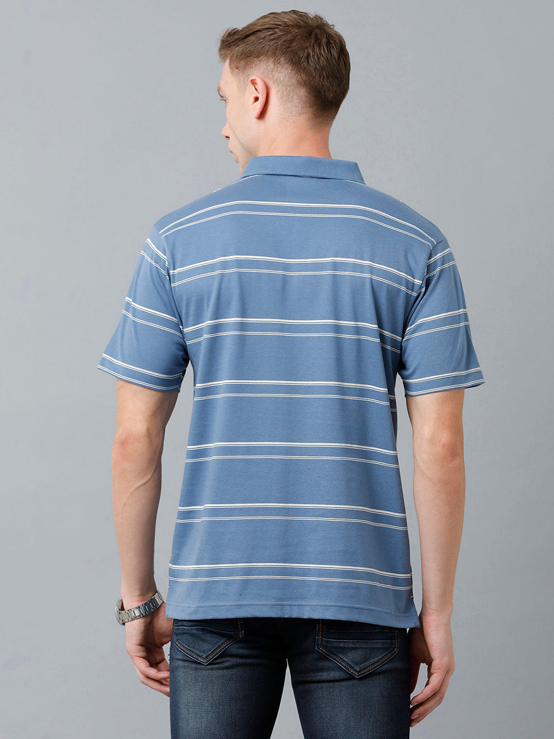 Classic Polo Men's Cotton Blend Half Sleeve Striped Authentic Fit Polo Neck Blue Color T-Shirt | Avon - 515 A