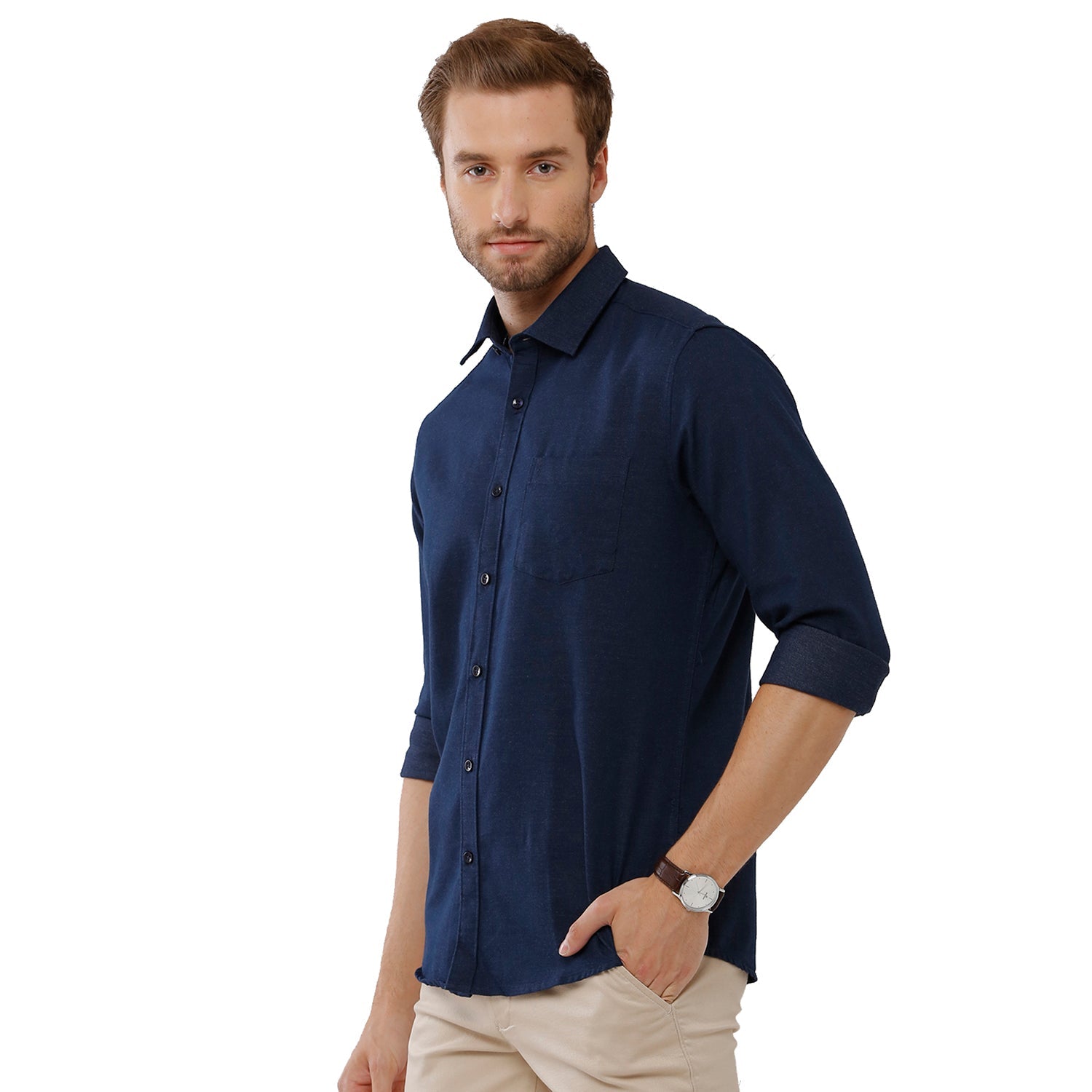 Classic Polo Mens 100% Cotton Solid Slim Fit Navy Color Woven Shirt - SN1 88 A Shirts Classic Polo 