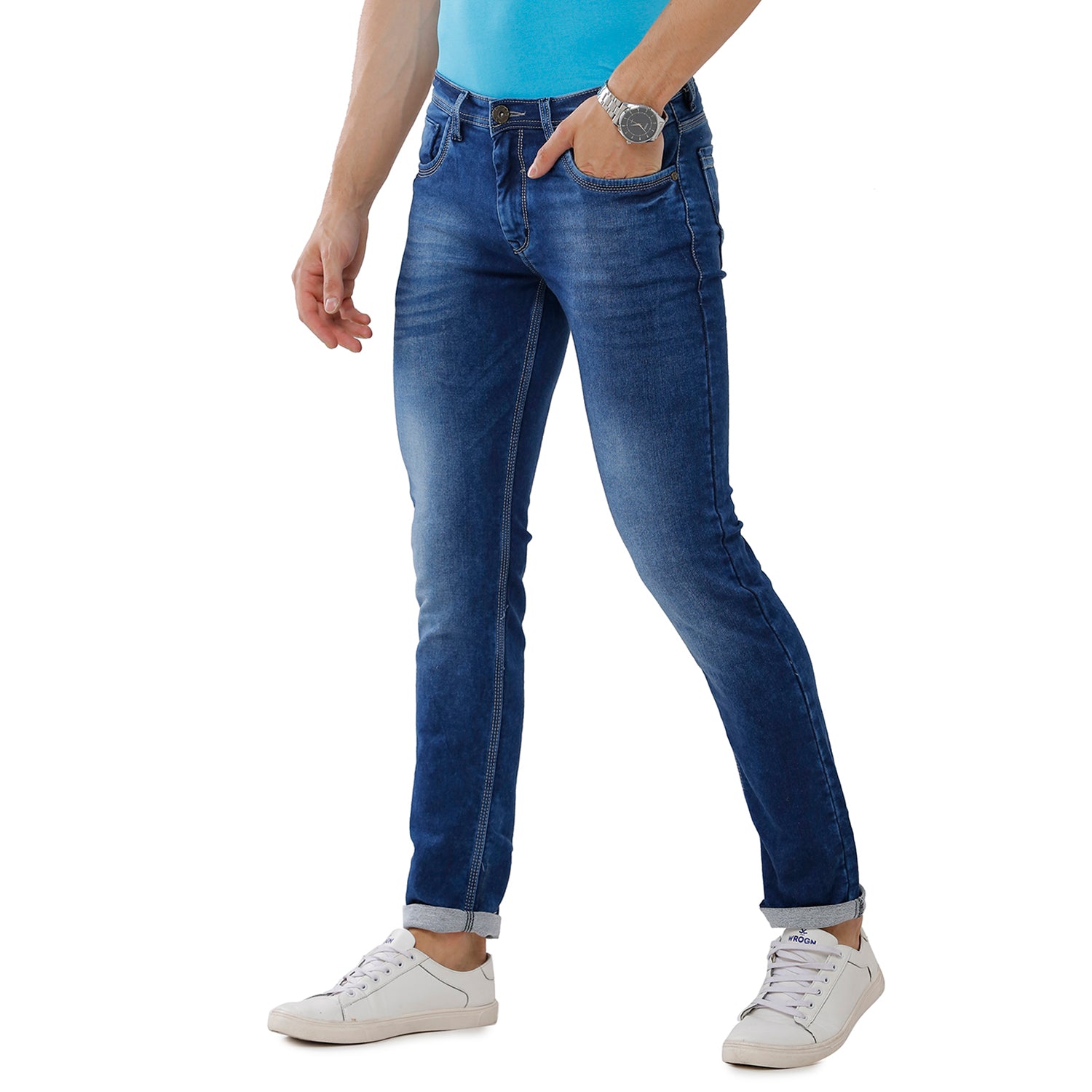 CP BRO Men's 100% Cotton Solid Slim Fit Ice Blue Color Denim (BDN1-11 A-ICB-SK-LY)