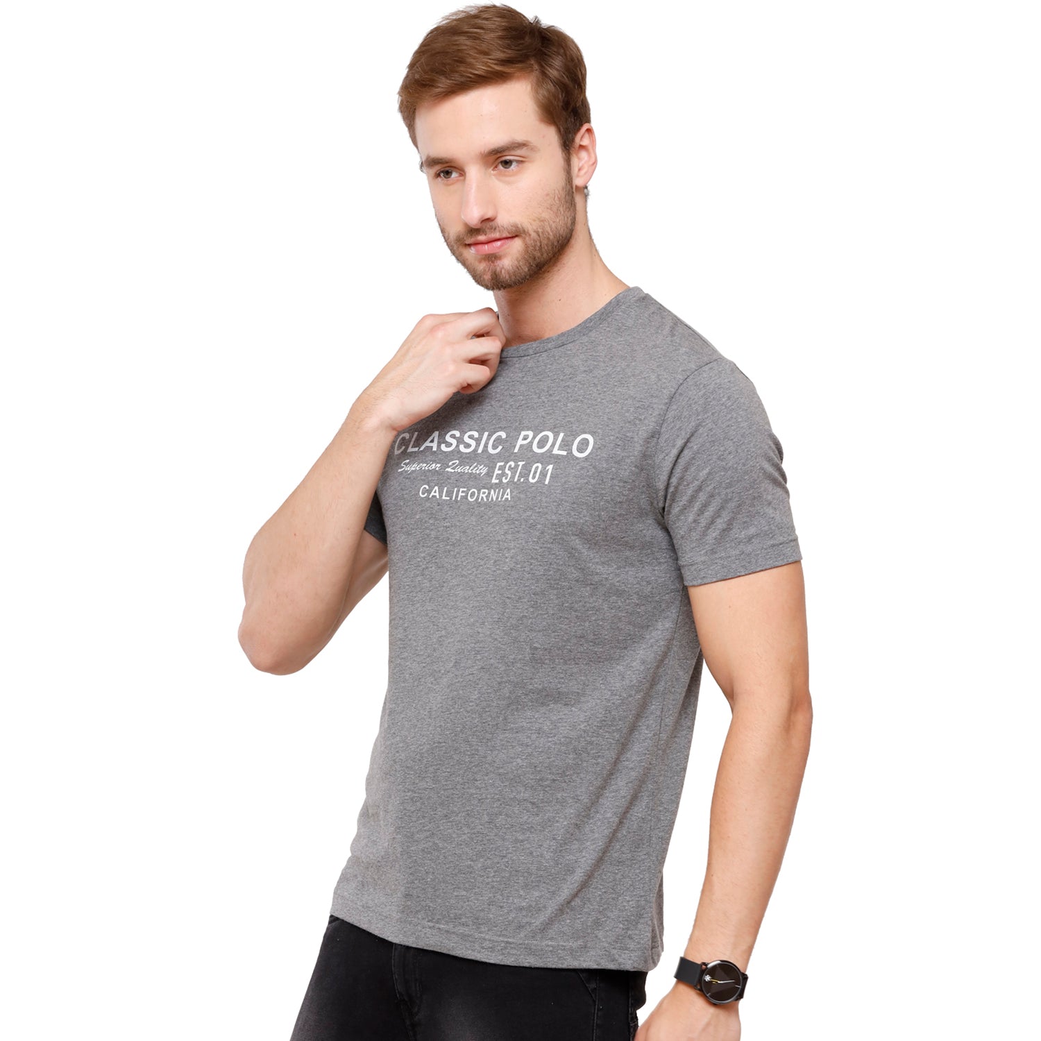 Classic Polo Mens Chest Print Half Sleeve Slim Fit Crew Neck T-Shirt (FLASH-RN-106 SF C) Shirts & Tops Classic Polo 