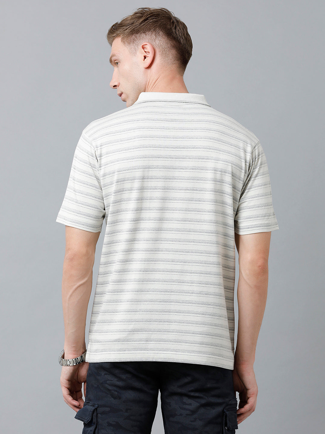 Classic Polo Men's Cotton Half Sleeve Striped Authentic Fit Polo Neck Light Grey Color T-Shirt | Feeders - 214 A