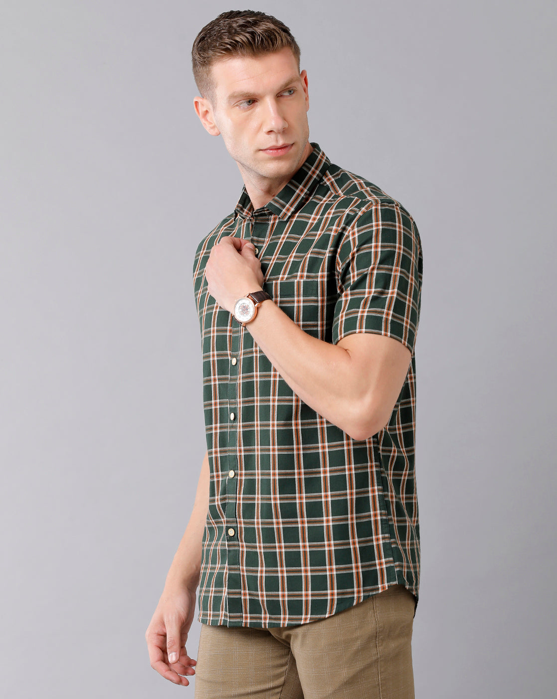 Classic Polo Men's Cotton Checked Half Sleeve Slim Fit Polo Neck Green Color Woven Shirt | Sn2-116 A