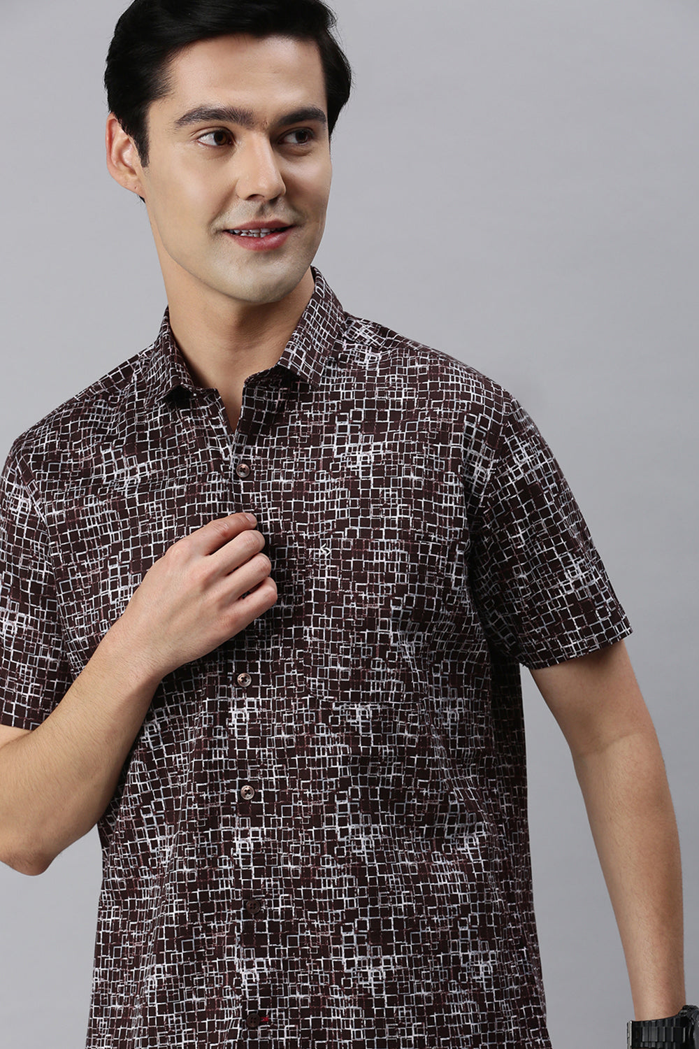 Classic Polo Men's Cotton Half Sleeve Printed Slim Fit Polo Neck Maroon Color Woven Shirt | So1-05 A